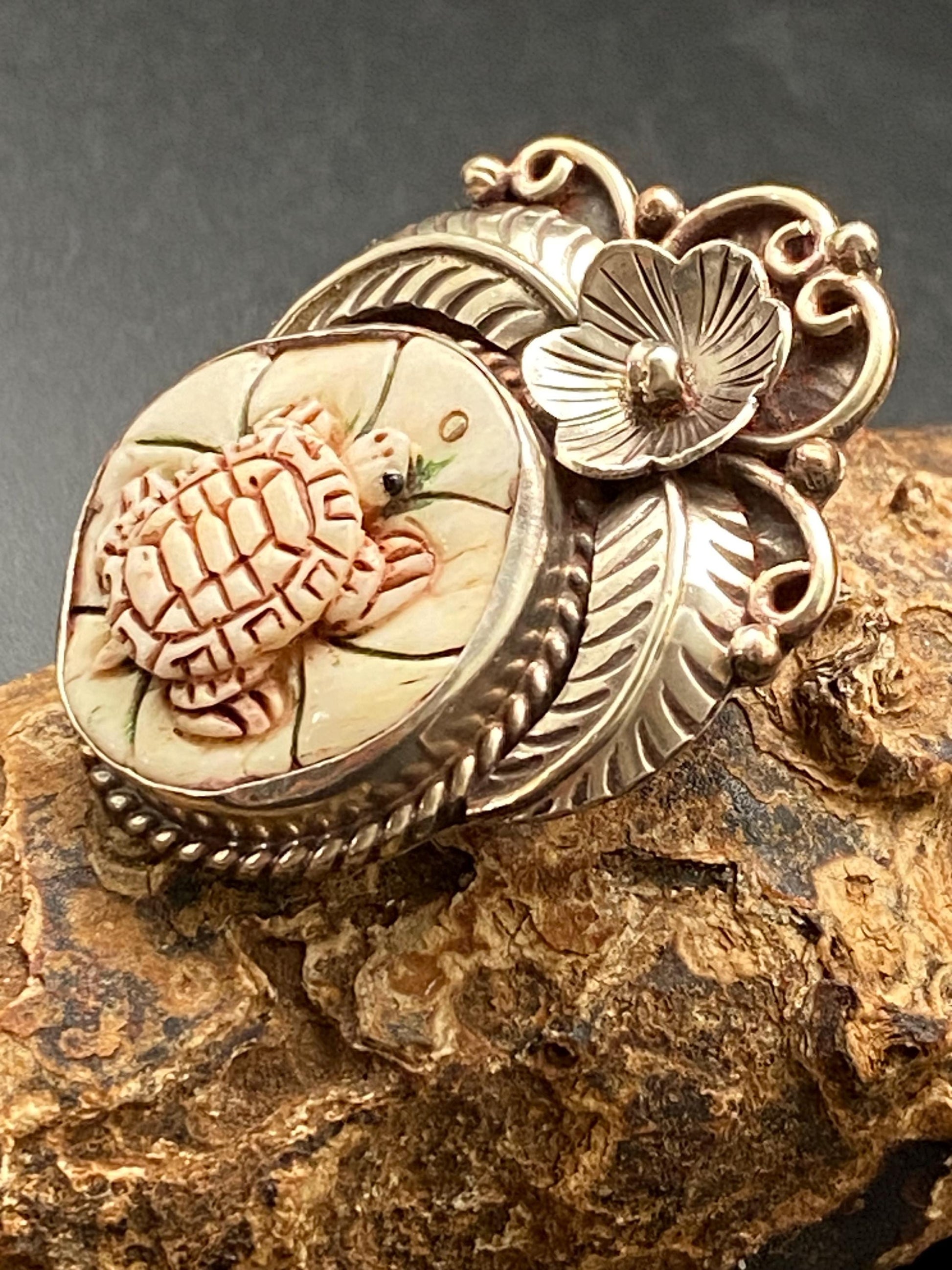 Turtle pendant, bone-carved turtle, handcrafted, Tibetan repose floral silver, floral pendant, ethnic style, Himalayan, Nepalese