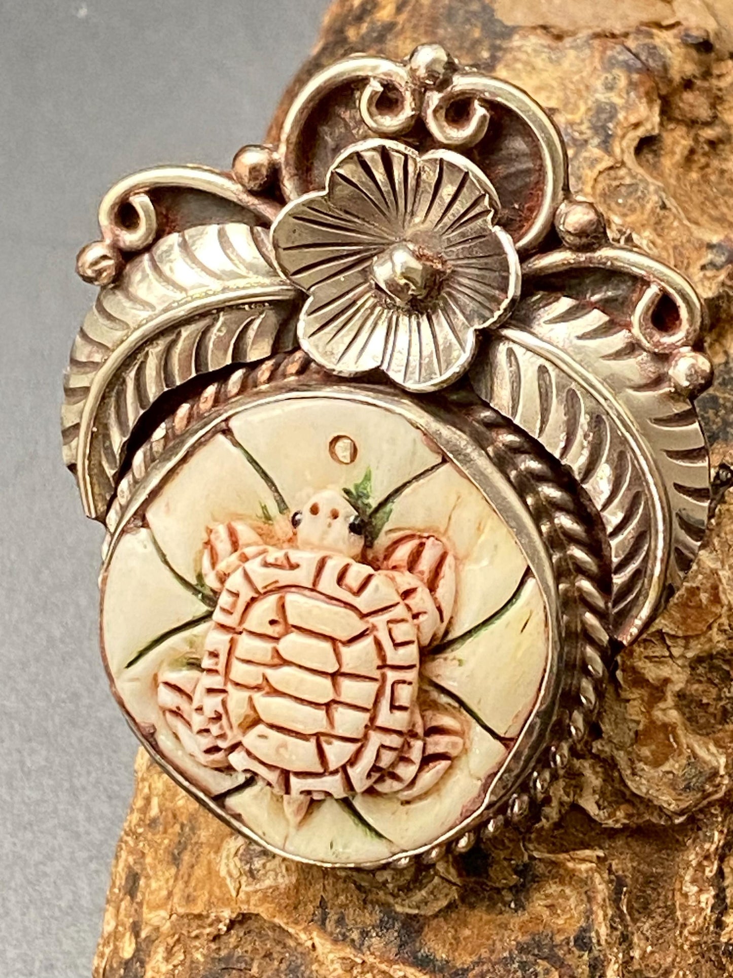 Turtle pendant, bone-carved turtle, handcrafted, Tibetan repose floral silver, floral pendant, ethnic style, Himalayan, Nepalese