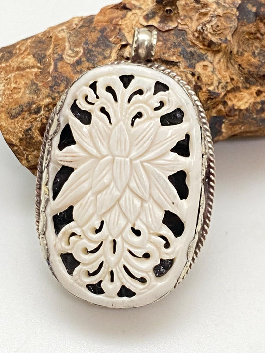 lotus pendant, bone carved, handcrafted, Tibetan silver, nepalese