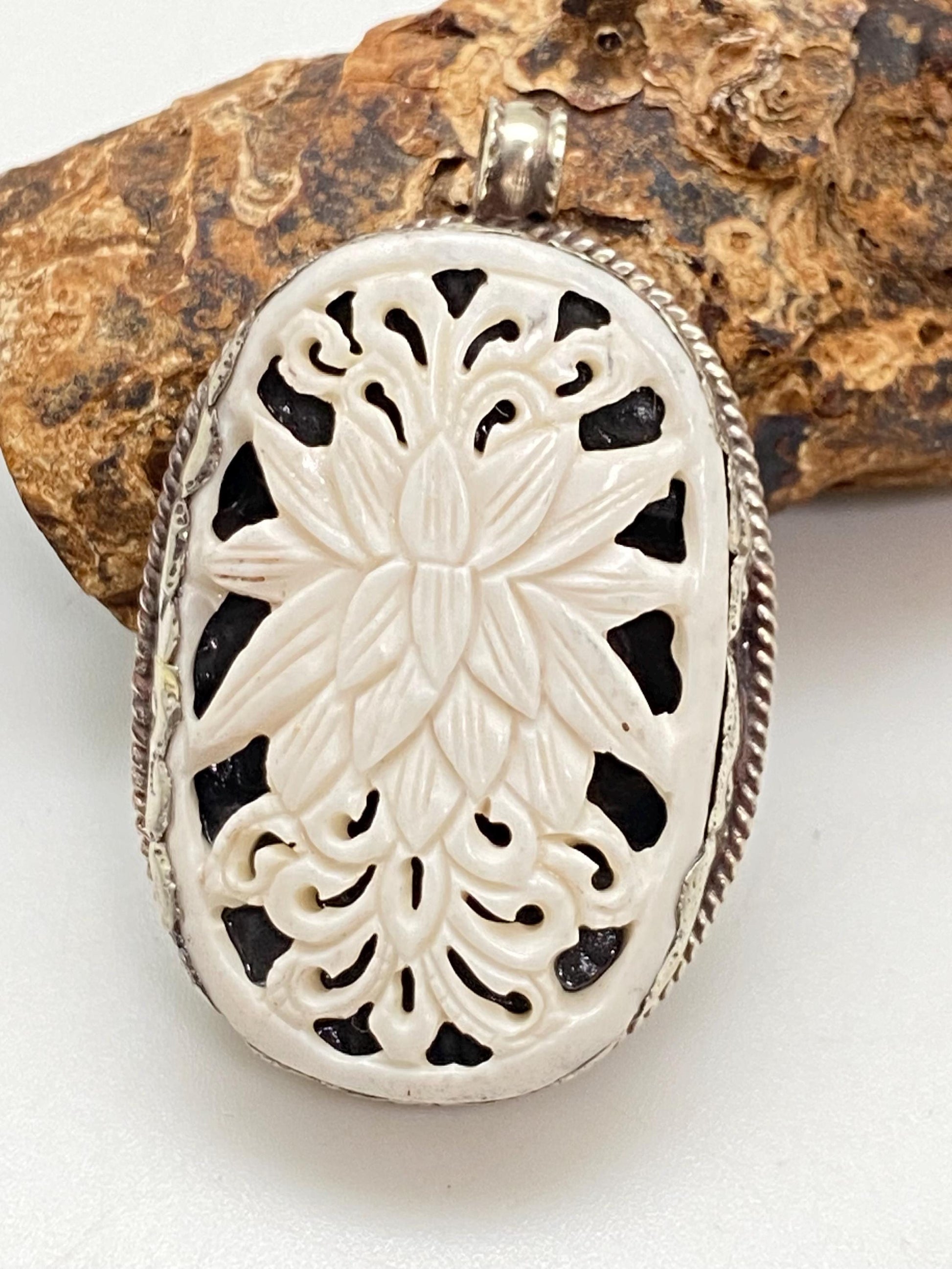 lotus pendant, bone carved, handcrafted, Tibetan silver, nepalese