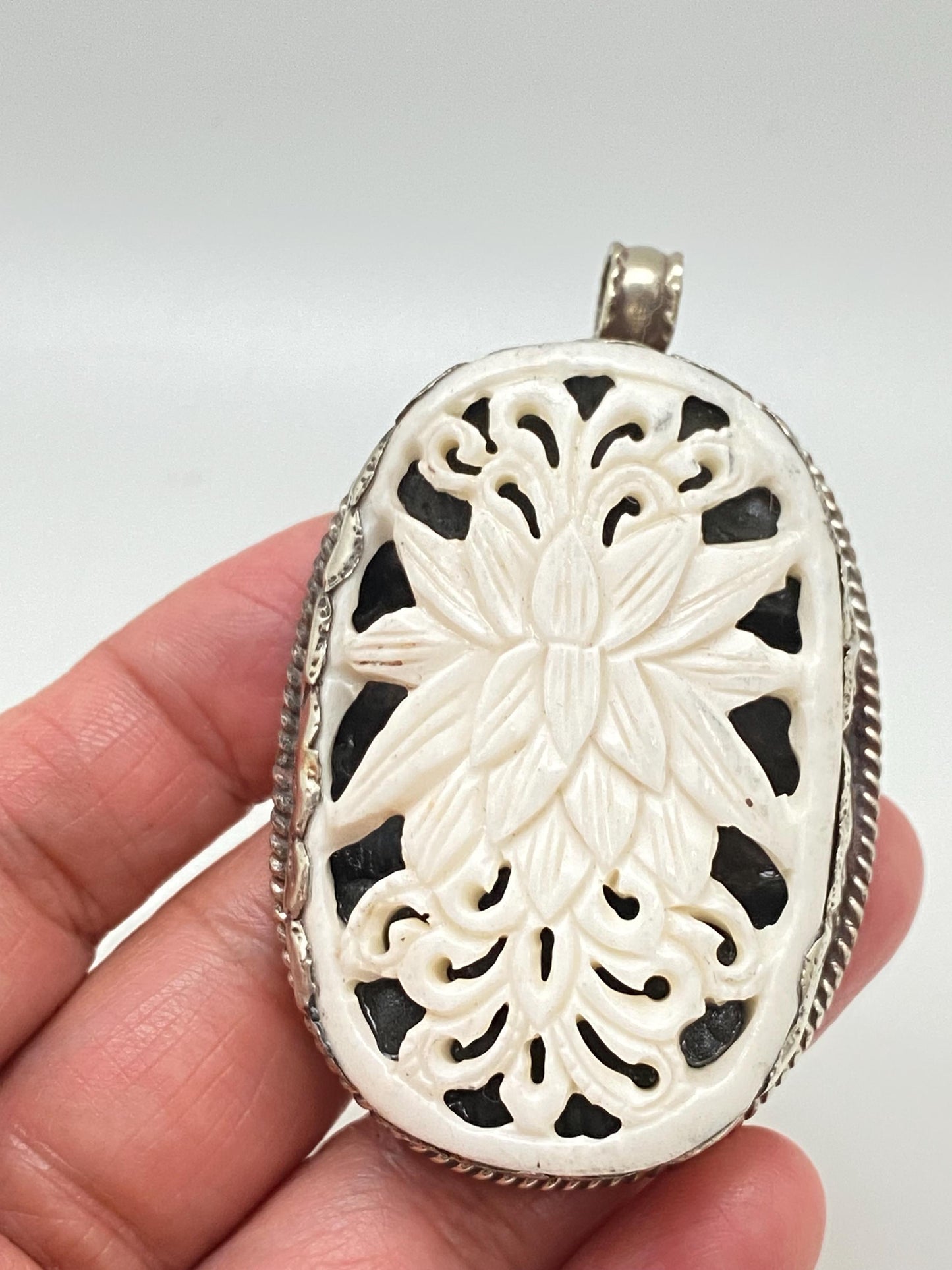 lotus pendant, bone carved, handcrafted, Tibetan silver, nepalese