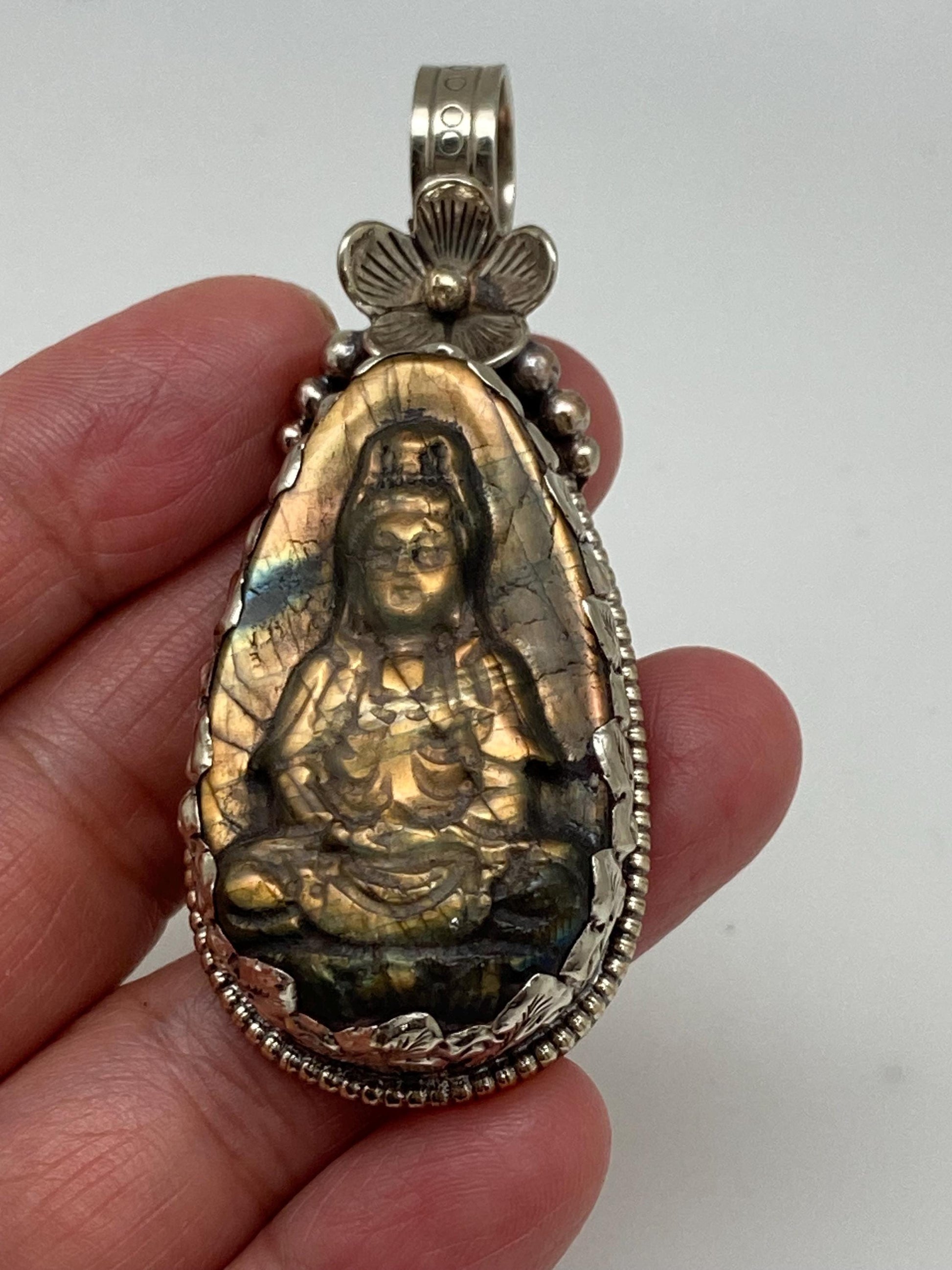 Handcrafted Labradorite Kwan Yin Pendant: Tibetan Silver, Nepalese