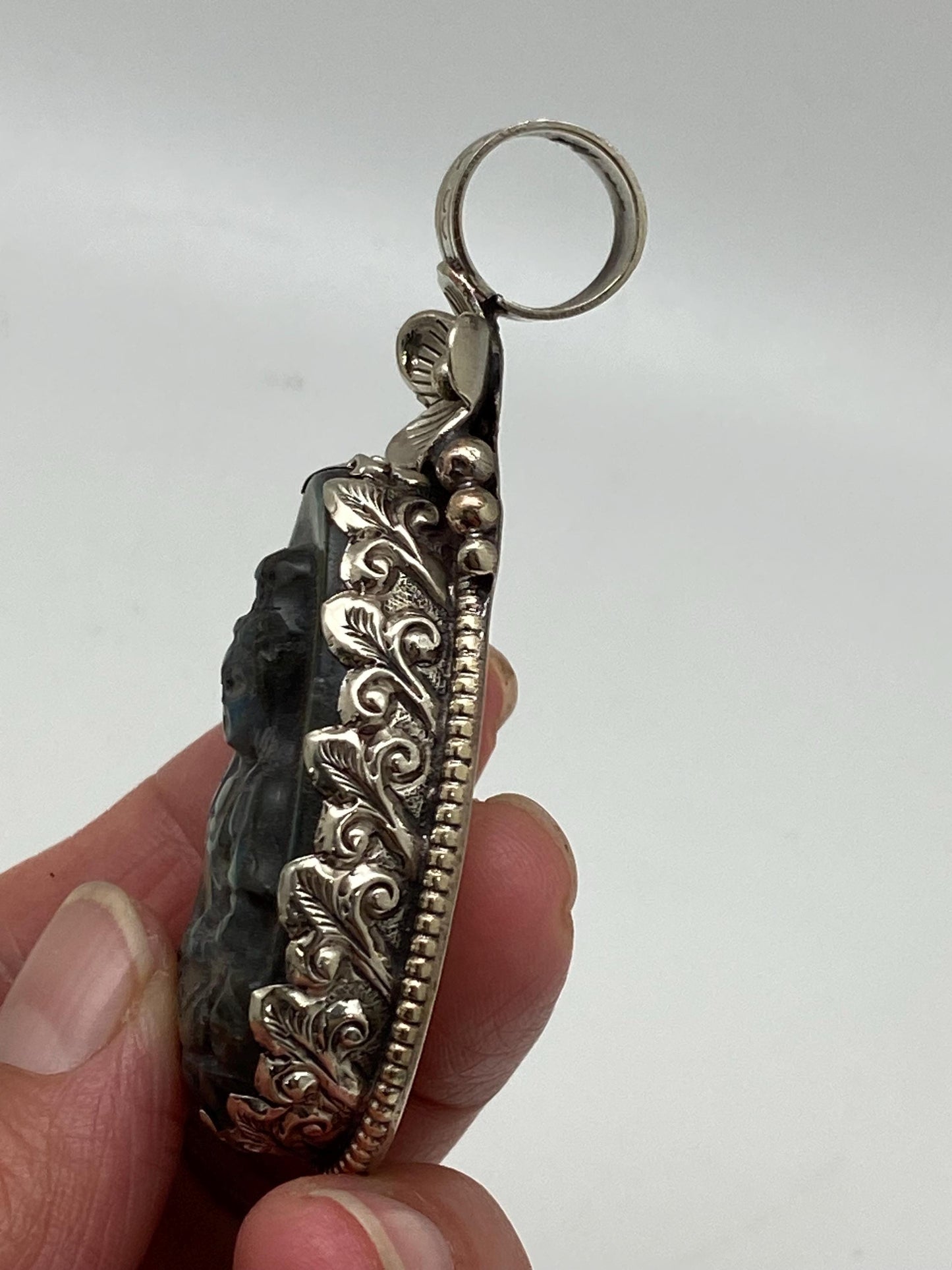 Handcrafted Labradorite Kwan Yin Pendant: Tibetan Silver, Nepalese