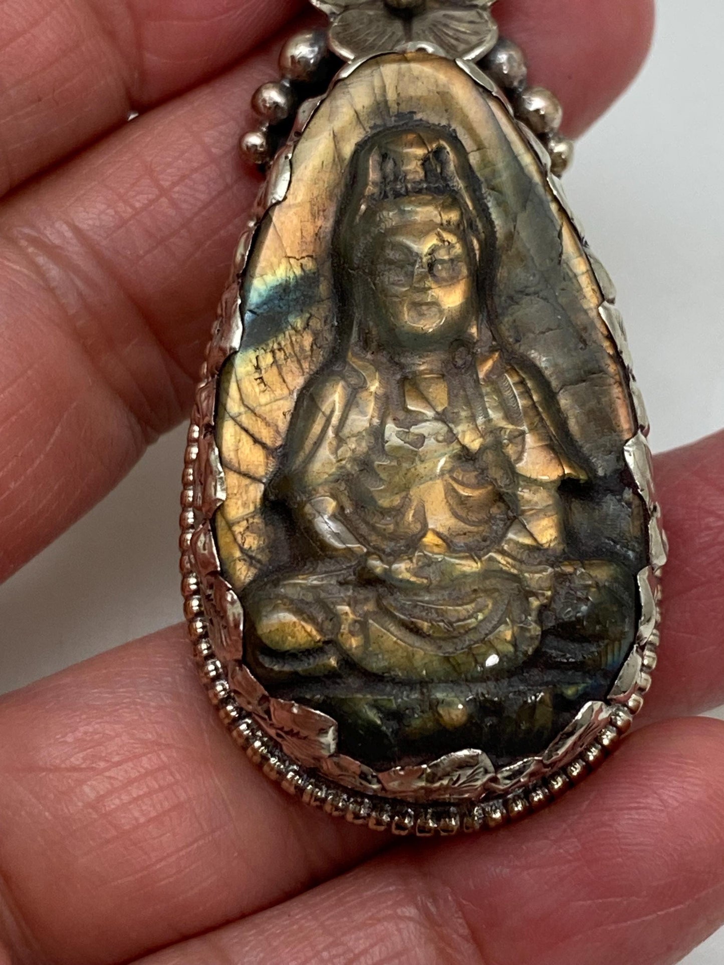 Handcrafted Labradorite Kwan Yin Pendant: Tibetan Silver, Nepalese