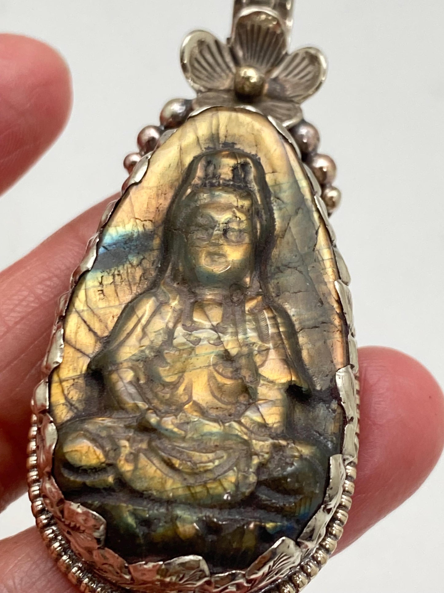Handcrafted Labradorite Kwan Yin Pendant: Tibetan Silver, Nepalese