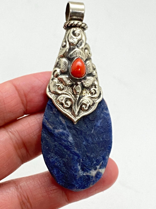 Blue sodalite pendant, handcrafted, coral, Tibetan silver, Tibetan design,ethnic style, Nepalese,