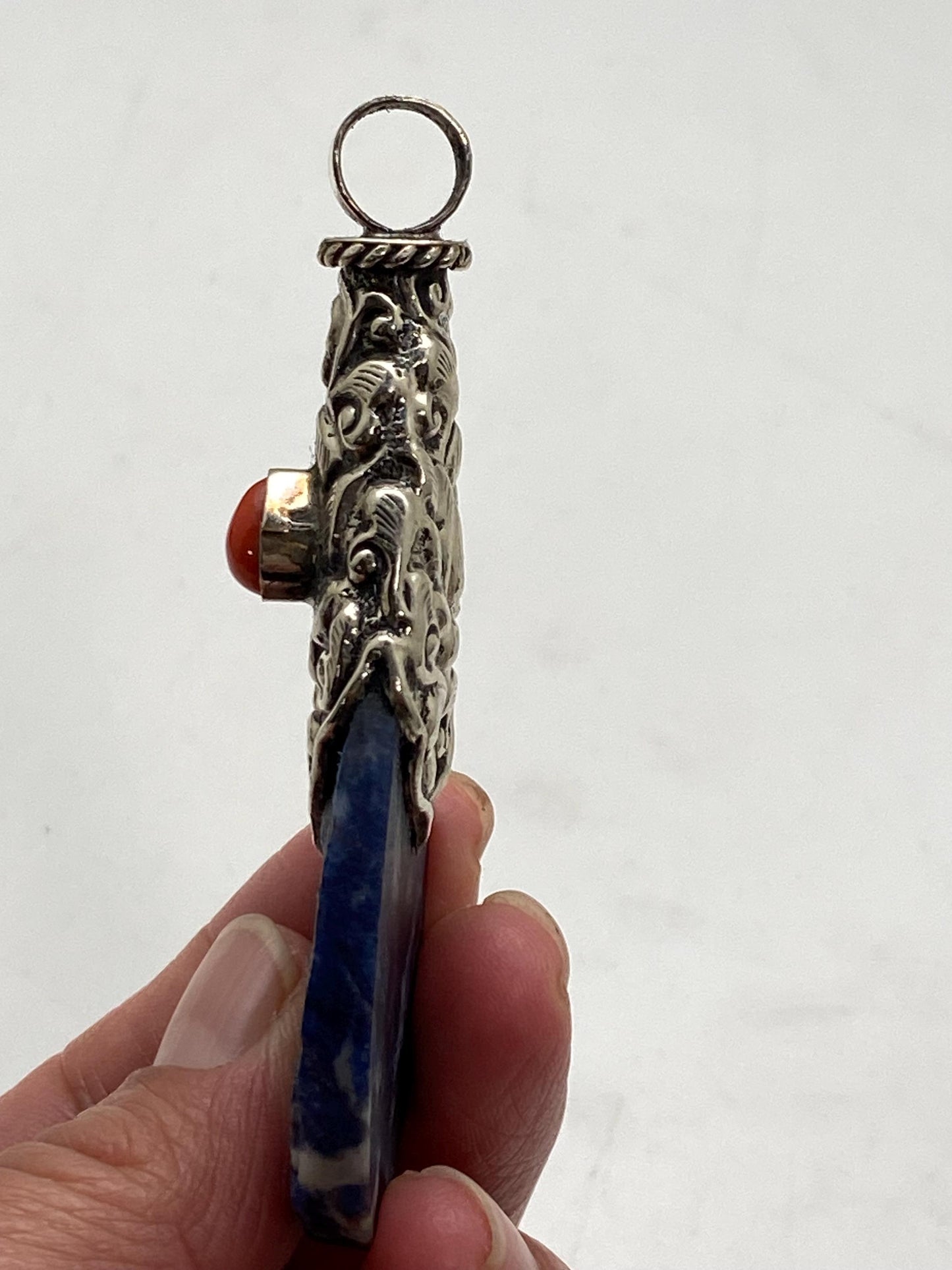 Blue sodalite pendant, handcrafted, coral, Tibetan silver, Tibetan design,ethnic style, Nepalese,