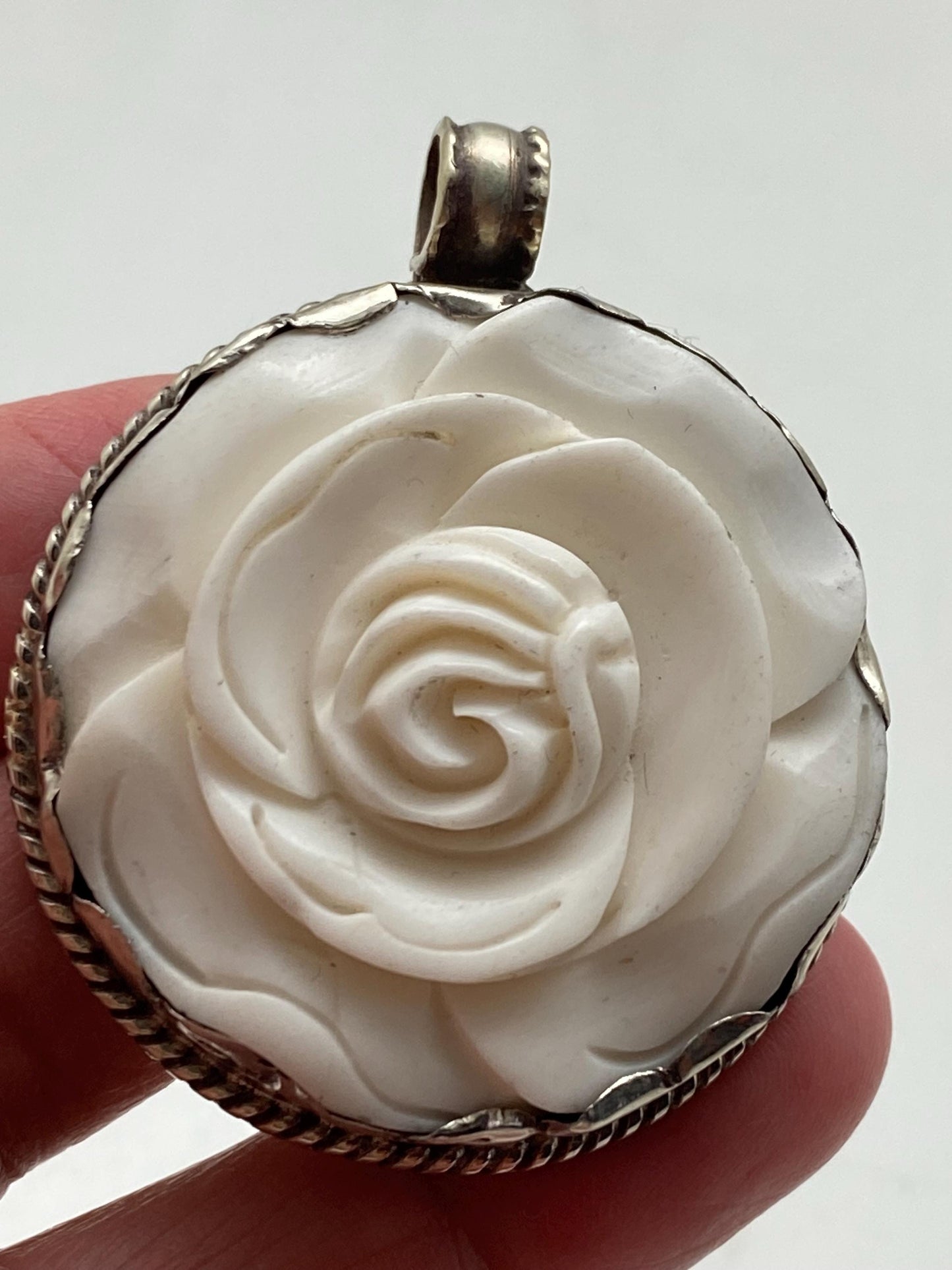Rose pendant, bone carved rose, flower, handcrafted, Tibetan silver, Himalayan, Nepalese