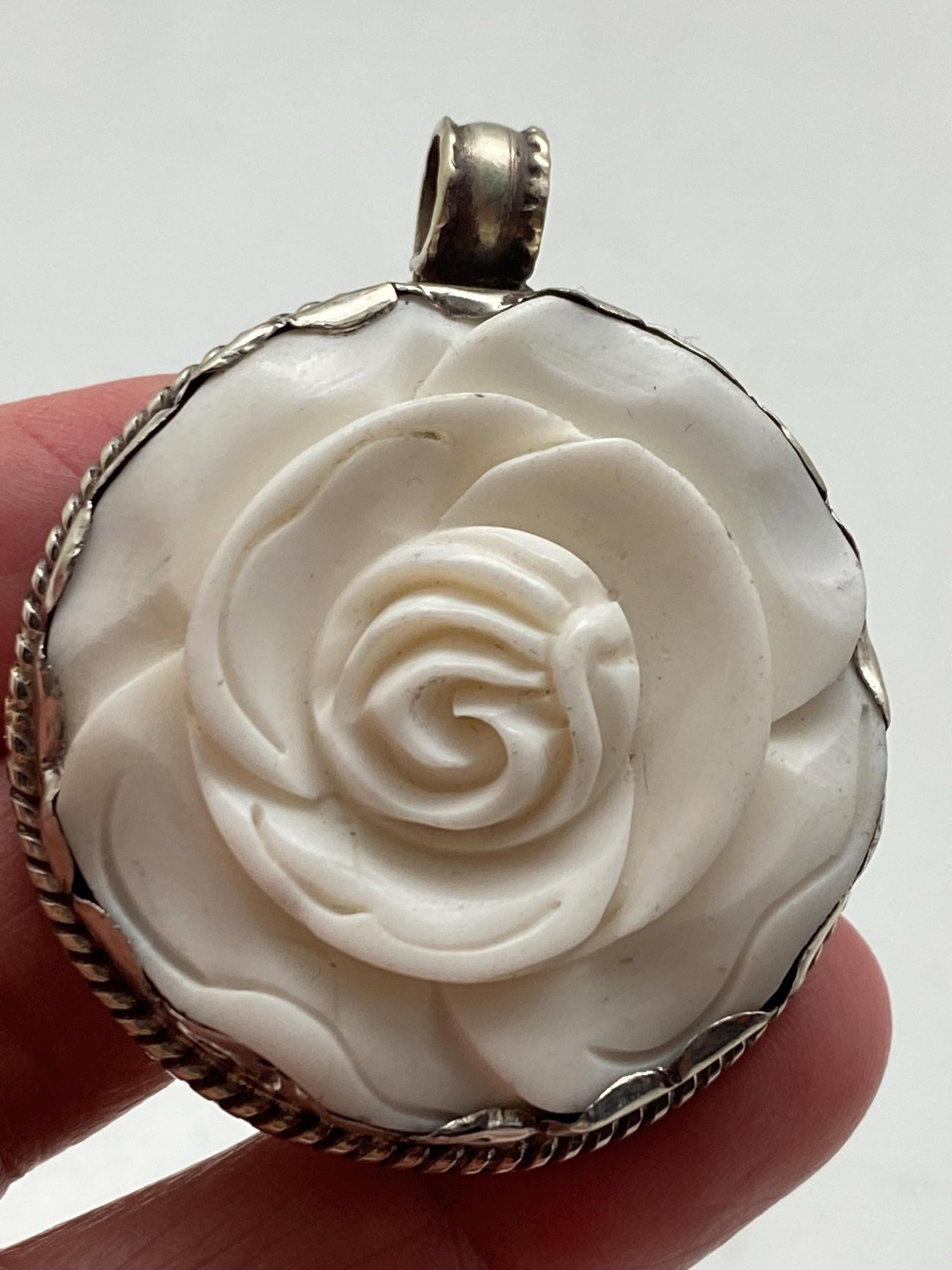 Rose pendant, bone carved rose, flower, handcrafted, Tibetan silver, Himalayan, Nepalese