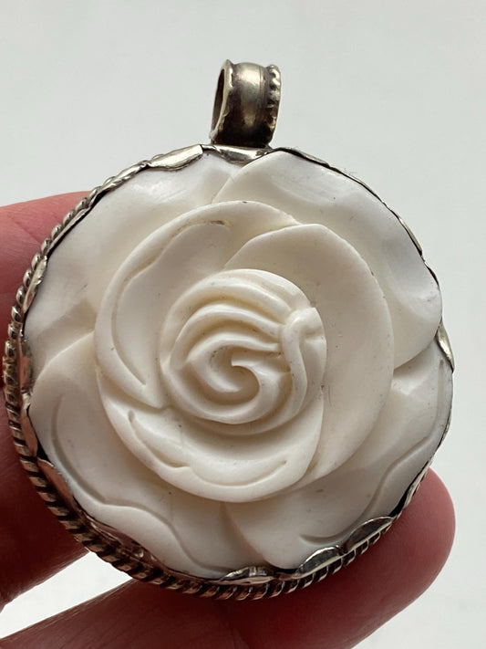 Rose pendant, bone carved rose, flower, handcrafted, Tibetan silver, Himalayan, Nepalese