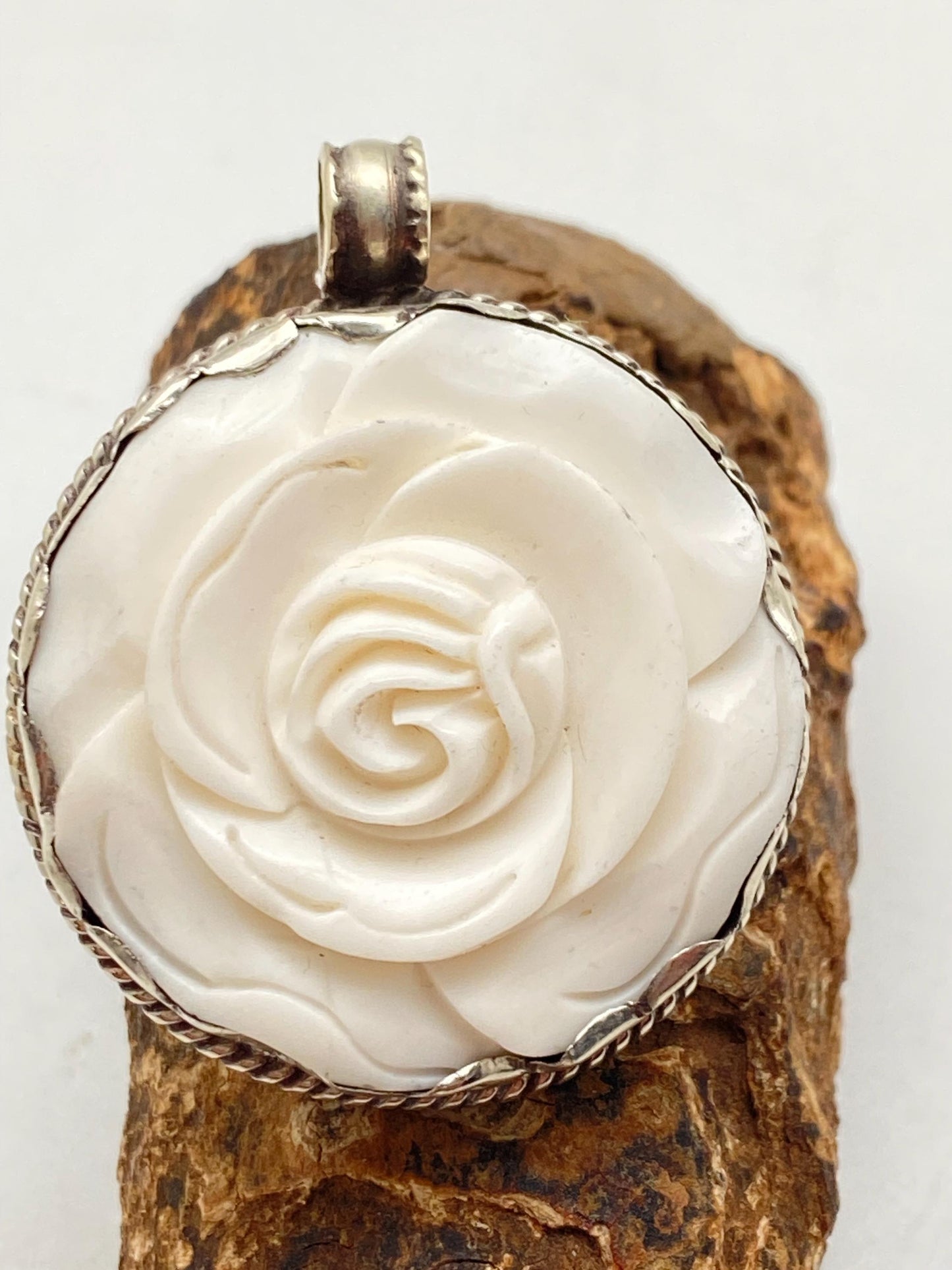 Rose pendant, bone carved rose, flower, handcrafted, Tibetan silver, Himalayan, Nepalese