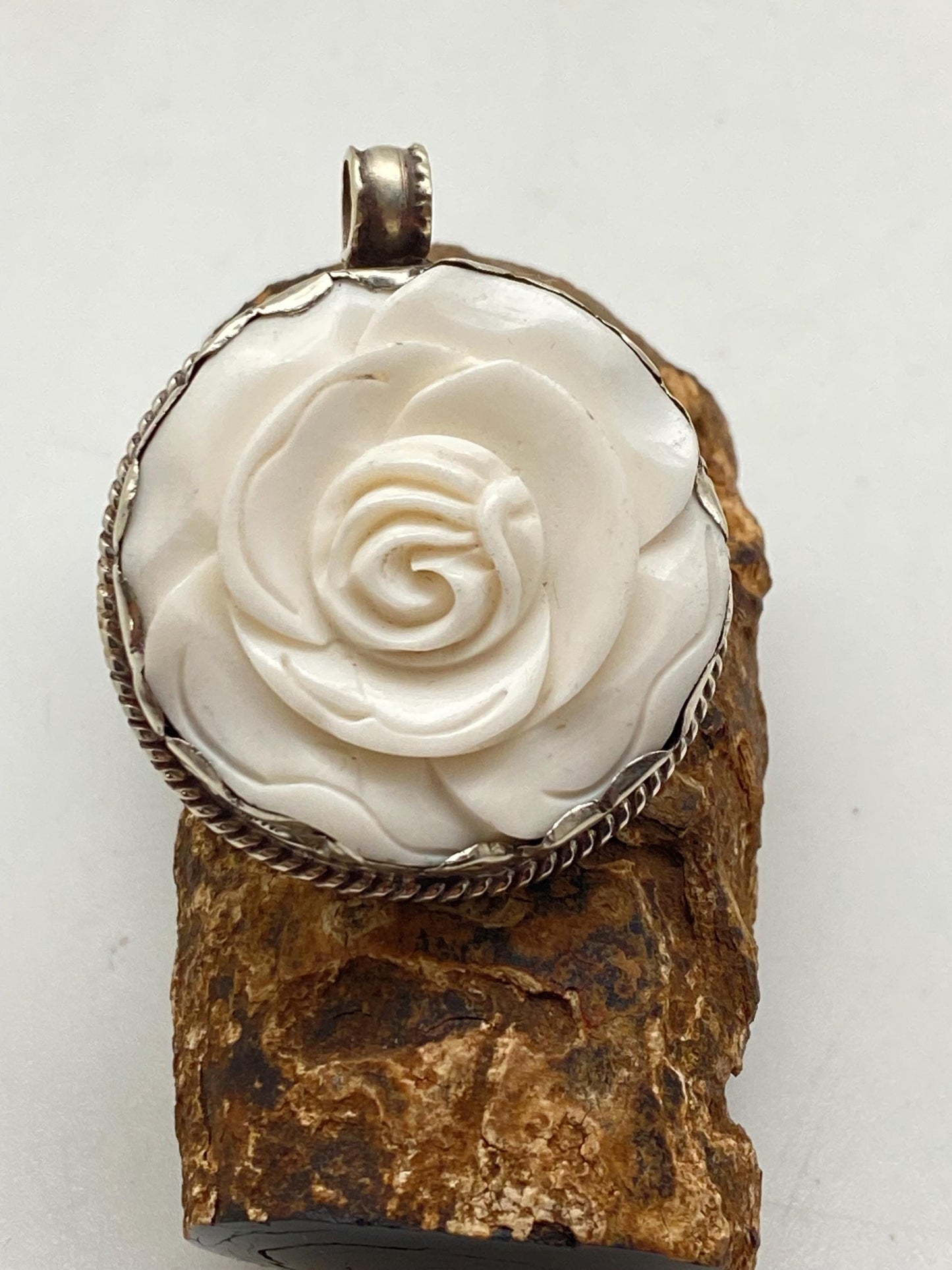 Rose pendant, bone carved rose, flower, handcrafted, Tibetan silver, Himalayan, Nepalese