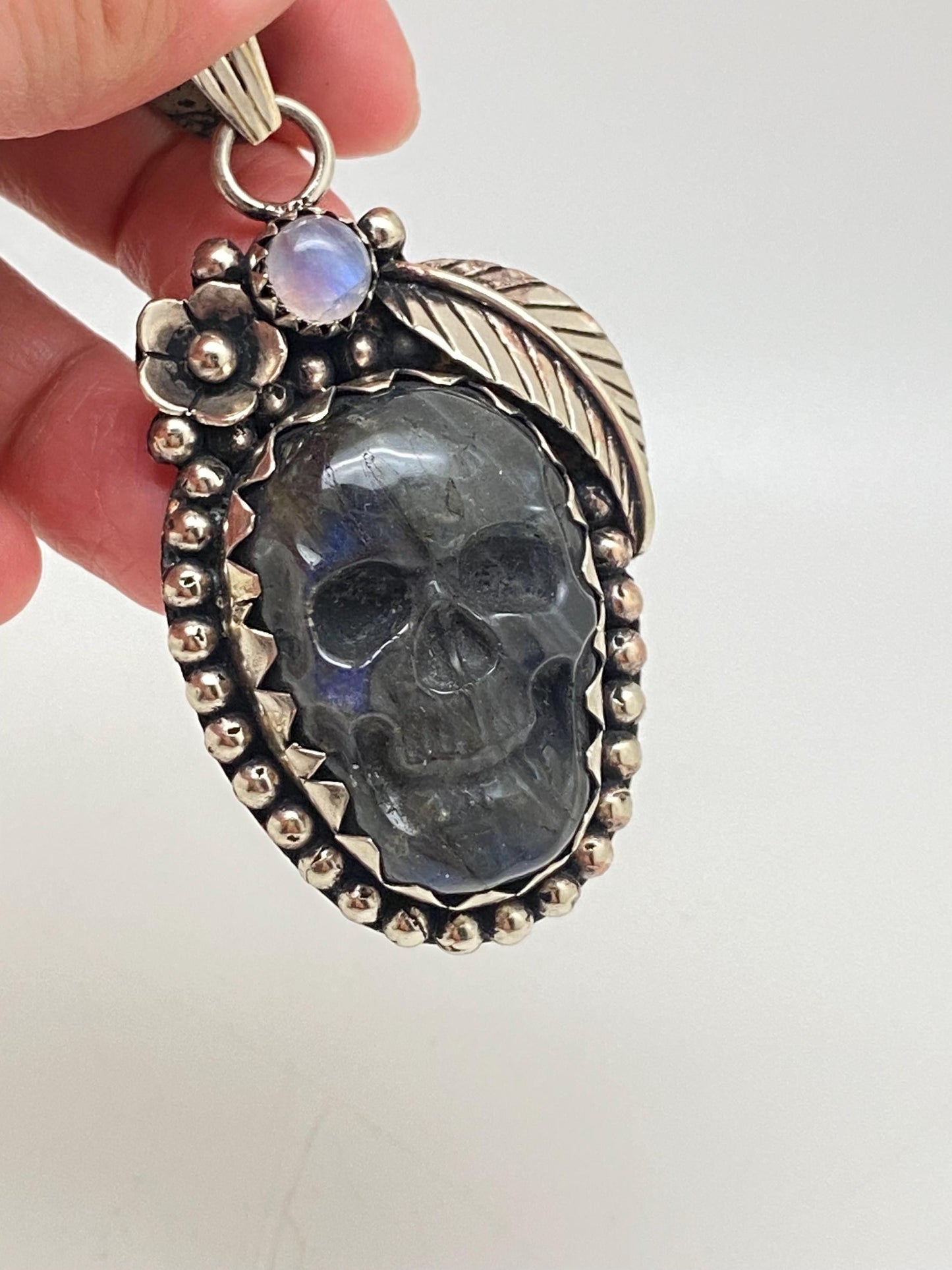 labradorite carved skull pendant,Tibetan silver,handcrafted,moonstone ,ethnic style,Nepalese,Himalayan