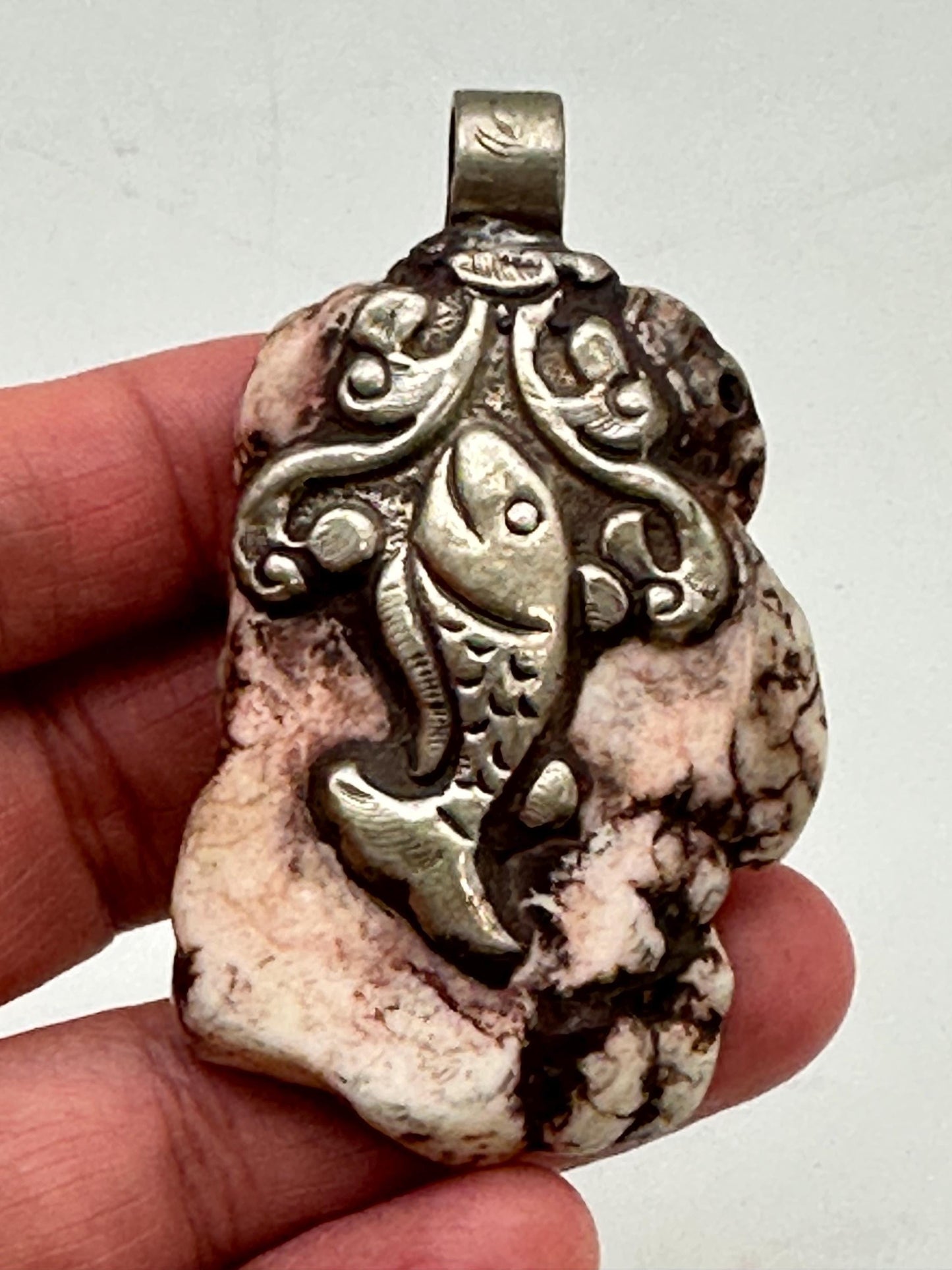 Howlite Turquoise pendant,white howlite turquoise,handcrafted, Tibetan silver,Fish pendant, monkey pendant,Himalayan,Nepalese