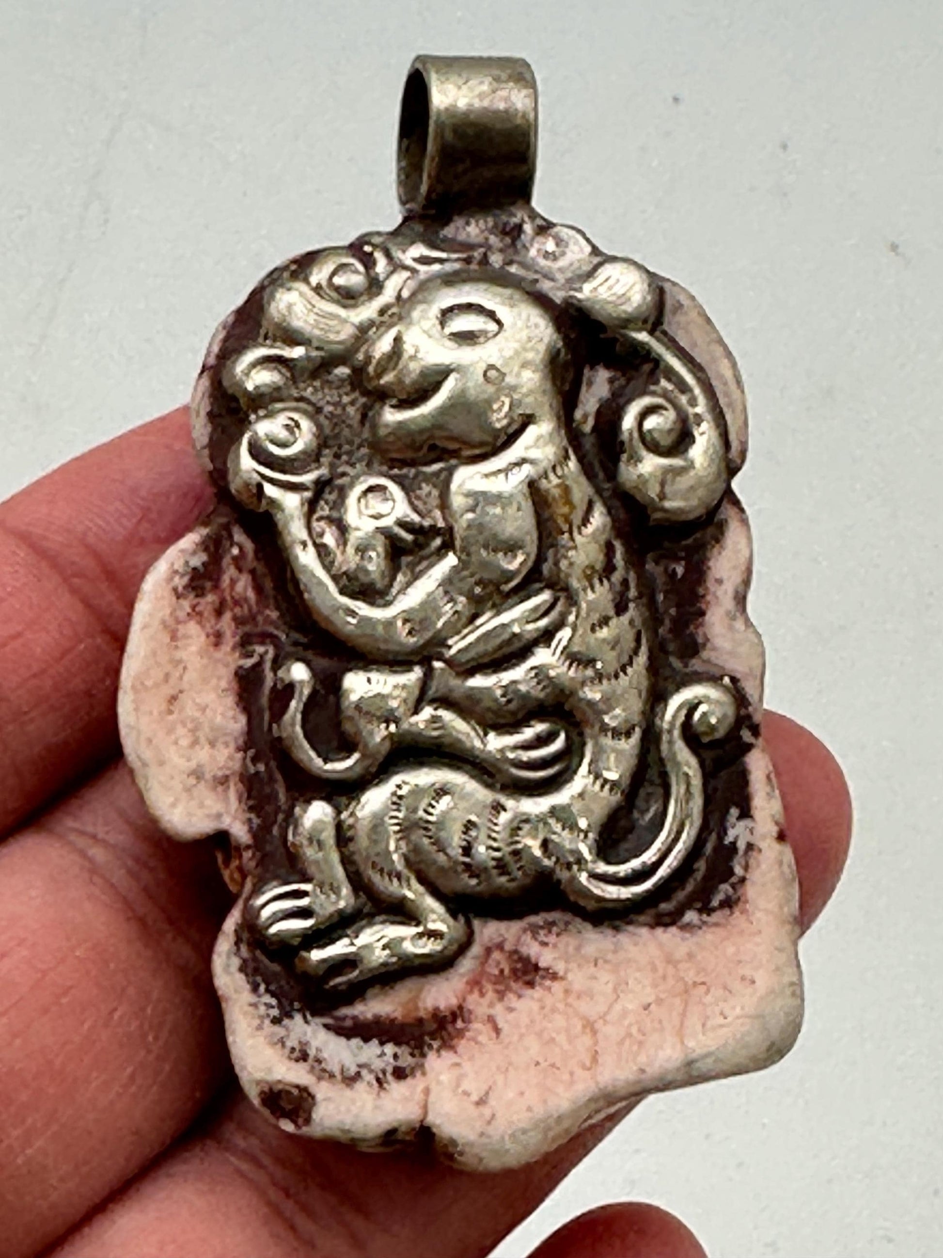 Howlite Turquoise pendant,white howlite turquoise,handcrafted, Tibetan silver,Fish pendant, monkey pendant,Himalayan,Nepalese