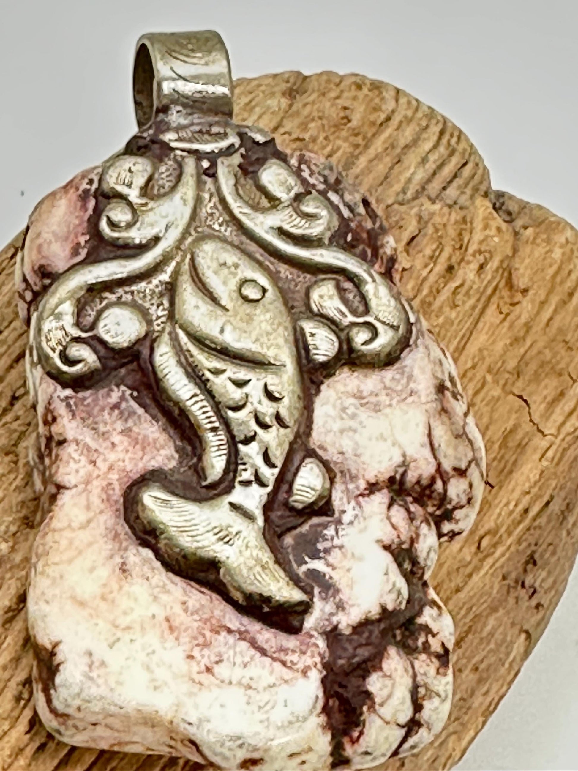 Howlite Turquoise pendant,white howlite turquoise,handcrafted, Tibetan silver,Fish pendant, monkey pendant,Himalayan,Nepalese