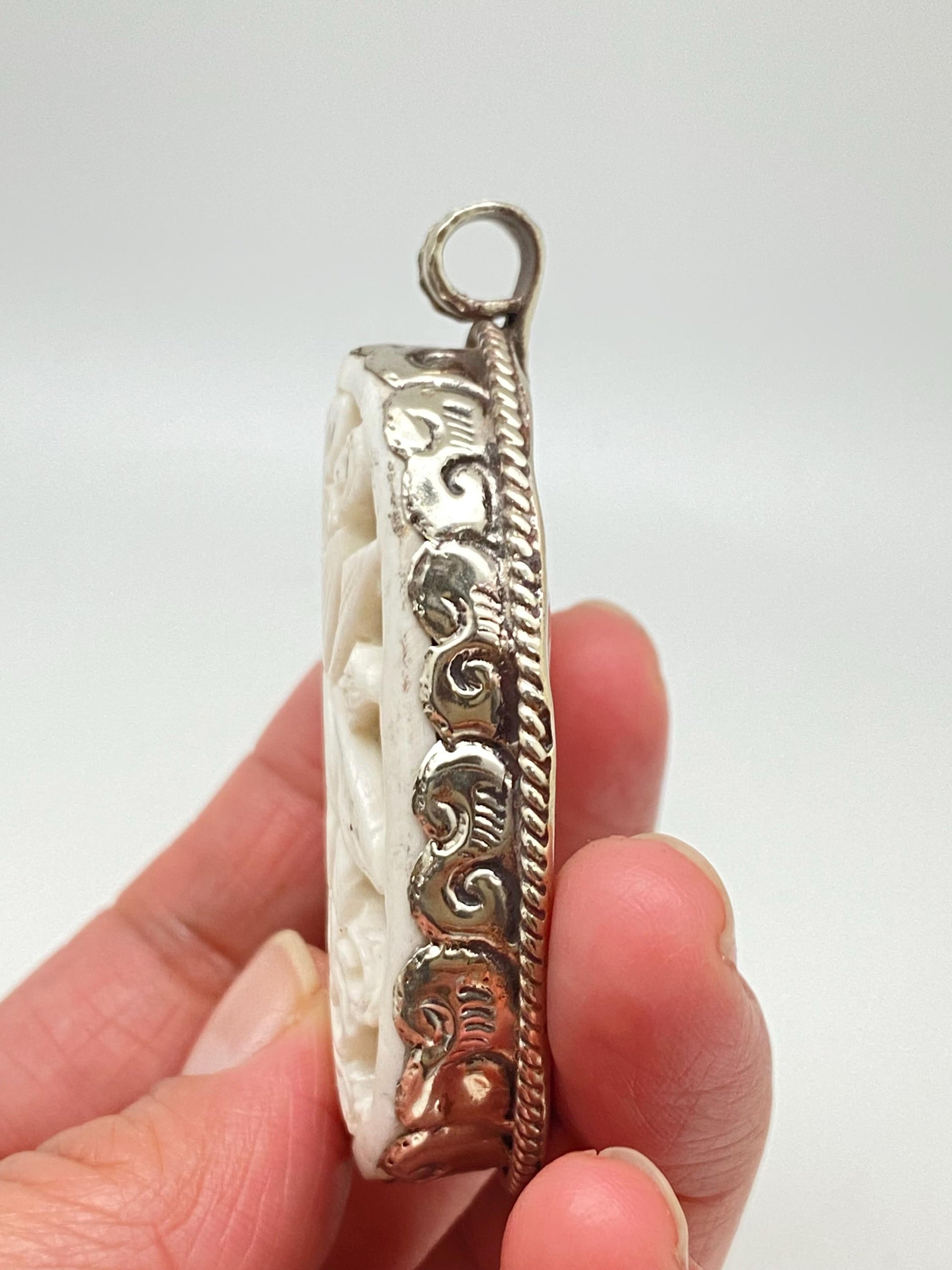 lotus pendant, bone carved, handcrafted, Tibetan silver, nepalese