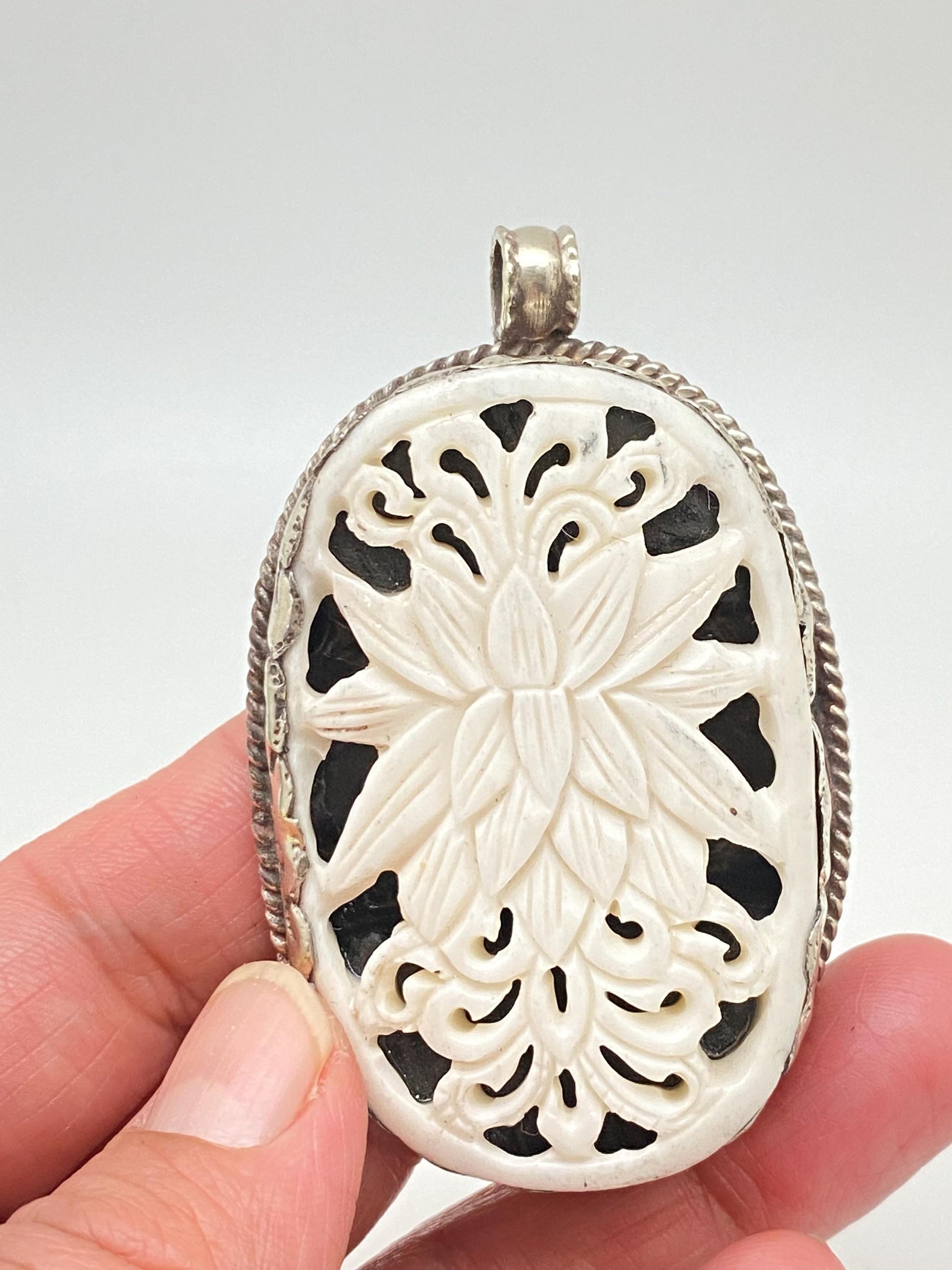 lotus pendant, bone carved, handcrafted, Tibetan silver, nepalese
