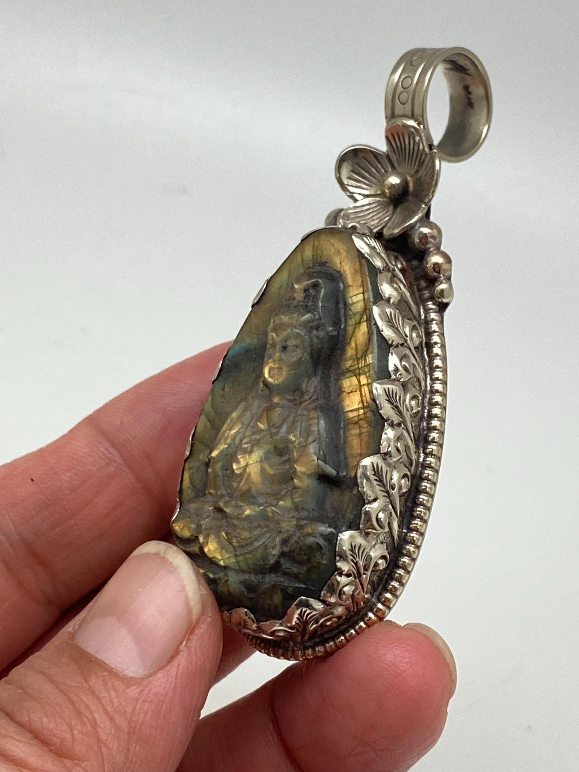 Handcrafted Labradorite Kwan Yin Pendant: Tibetan Silver, Nepalese