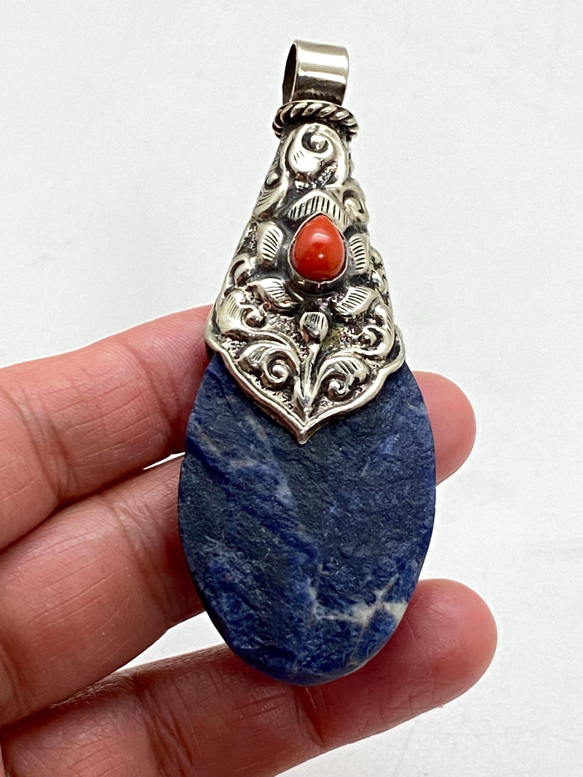 Blue sodalite pendant, handcrafted, coral, Tibetan silver, Tibetan design,ethnic style, Nepalese,