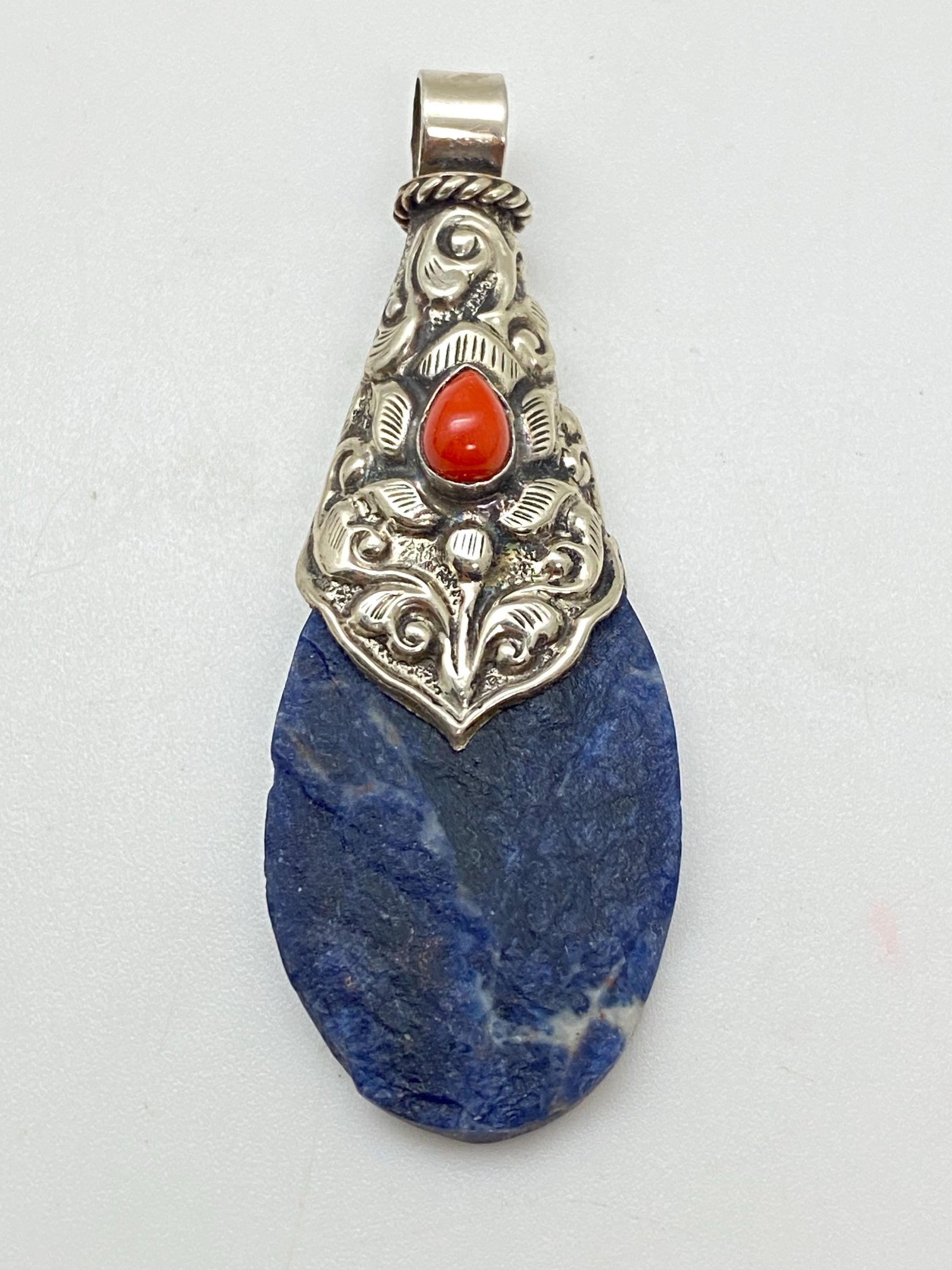 Blue sodalite pendant, handcrafted, coral, Tibetan silver, Tibetan design,ethnic style, Nepalese,