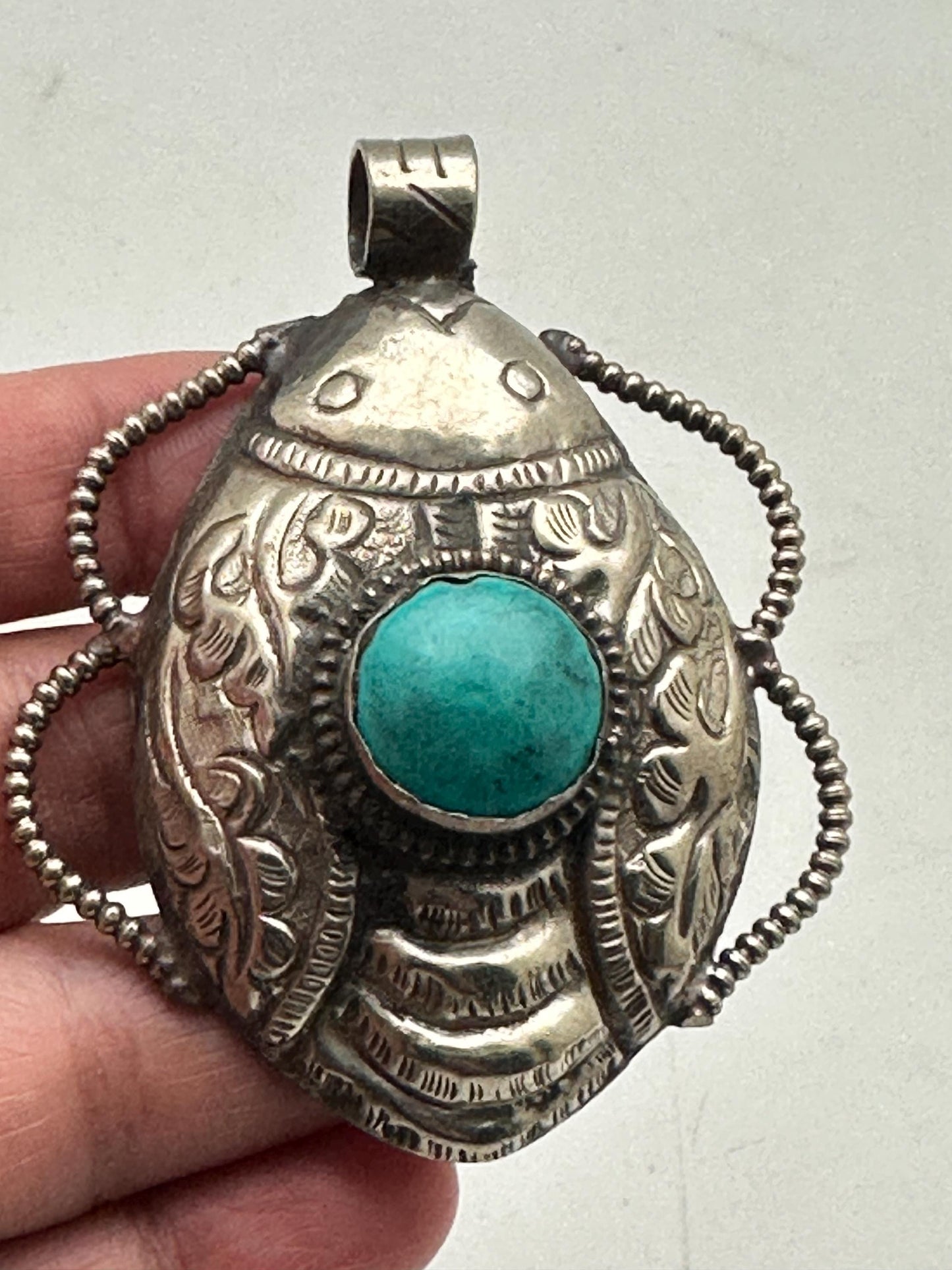 Scarab pendant, turquoise, Tibetan silver, handcrafted, ethnic design, Himalayan, Nepalese