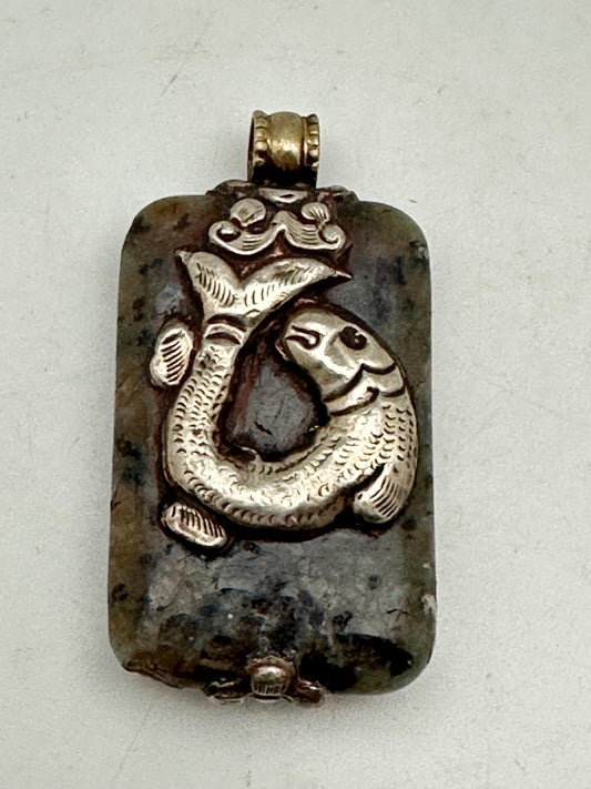 Handcrafted Agate Fish Pendant: Tibetan Silver, Nepalese Design
