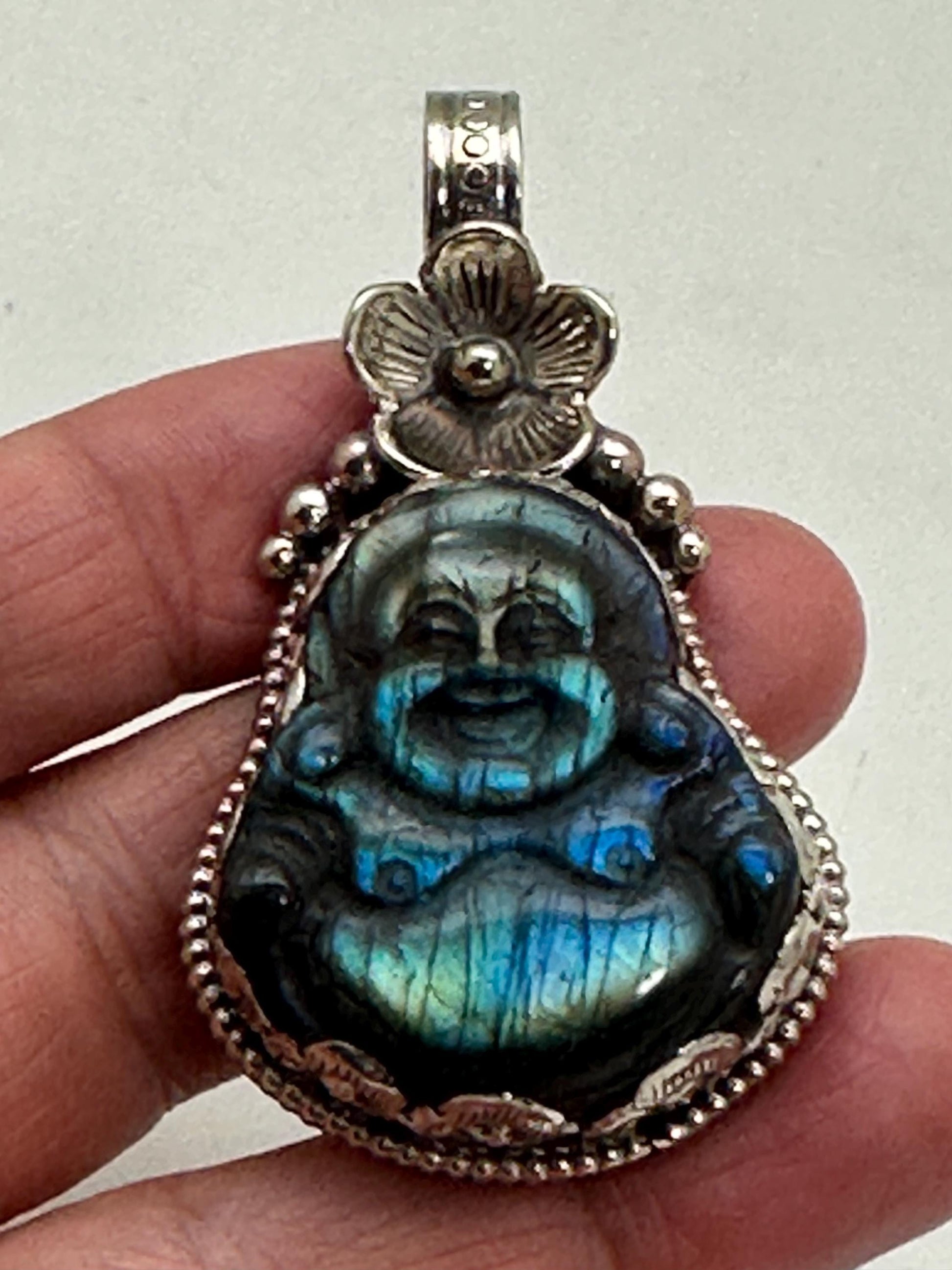 Laughing Buddha,Labradorite carved, Happy Buddha,Tibetan silver,Handcrafted,Flower ,Nepalese,Prosperity,luck