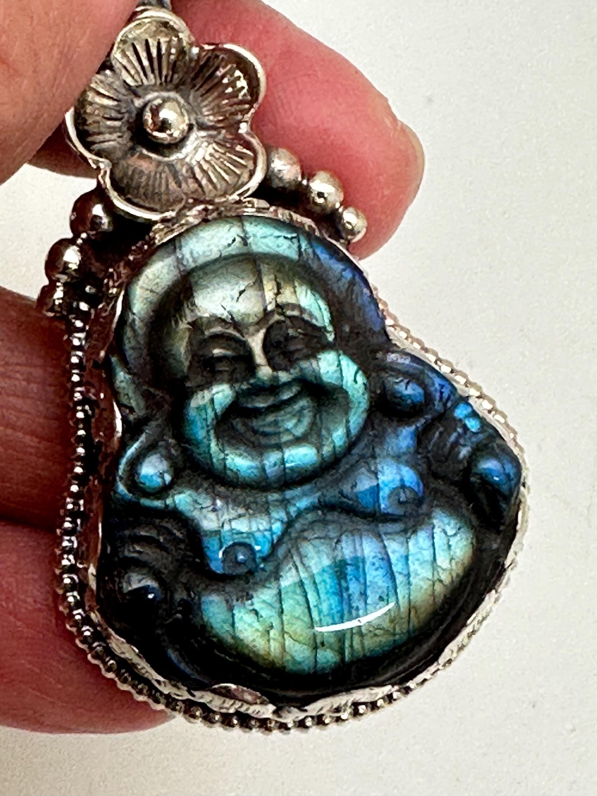 Laughing Buddha,Labradorite carved, Happy Buddha,Tibetan silver,Handcrafted,Flower ,Nepalese,Prosperity,luck