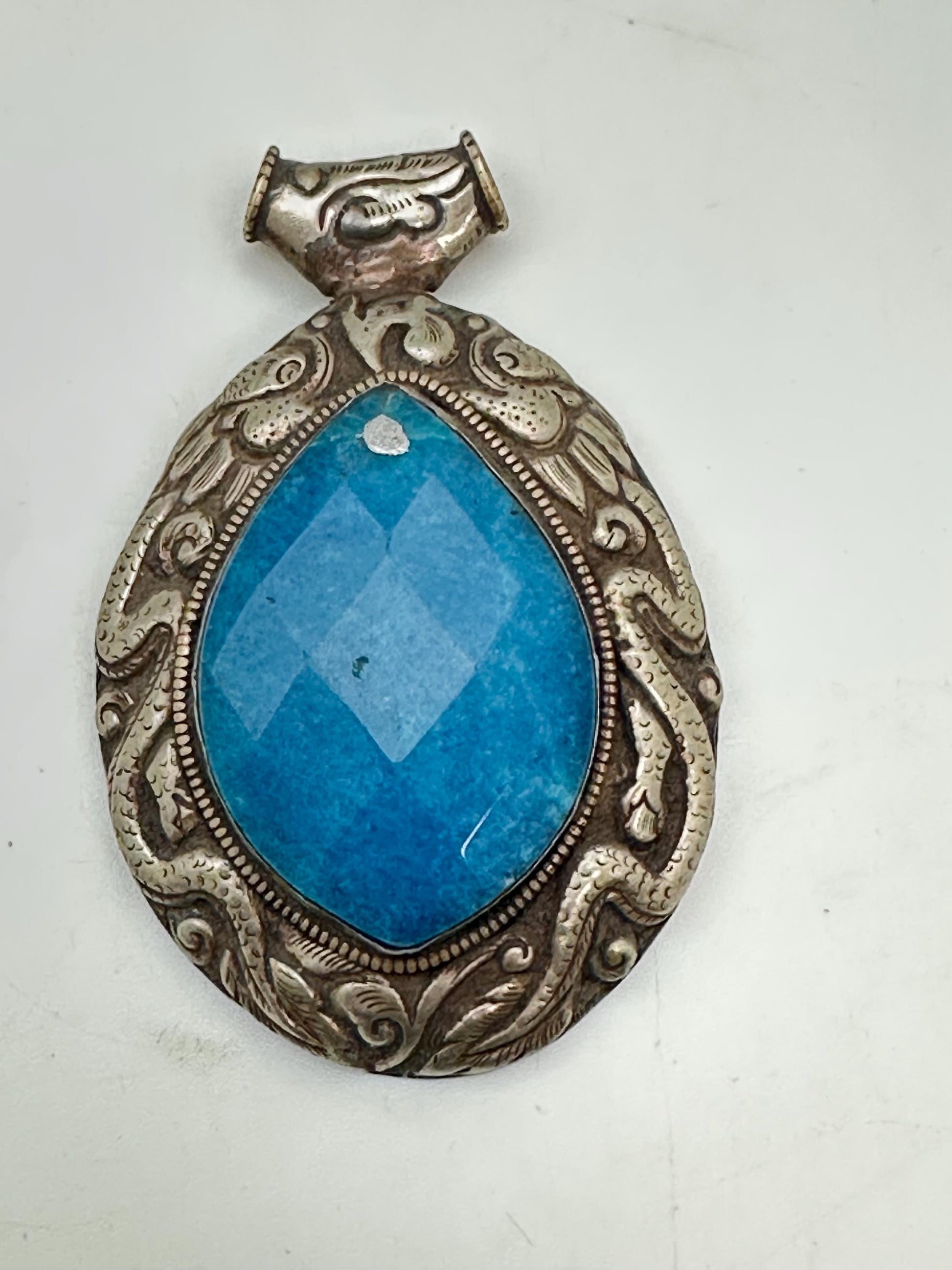 Large Blue stone pendant, handcrafted, Tibetan silver, dragon, ethnic style, Himalayan, Nepalese