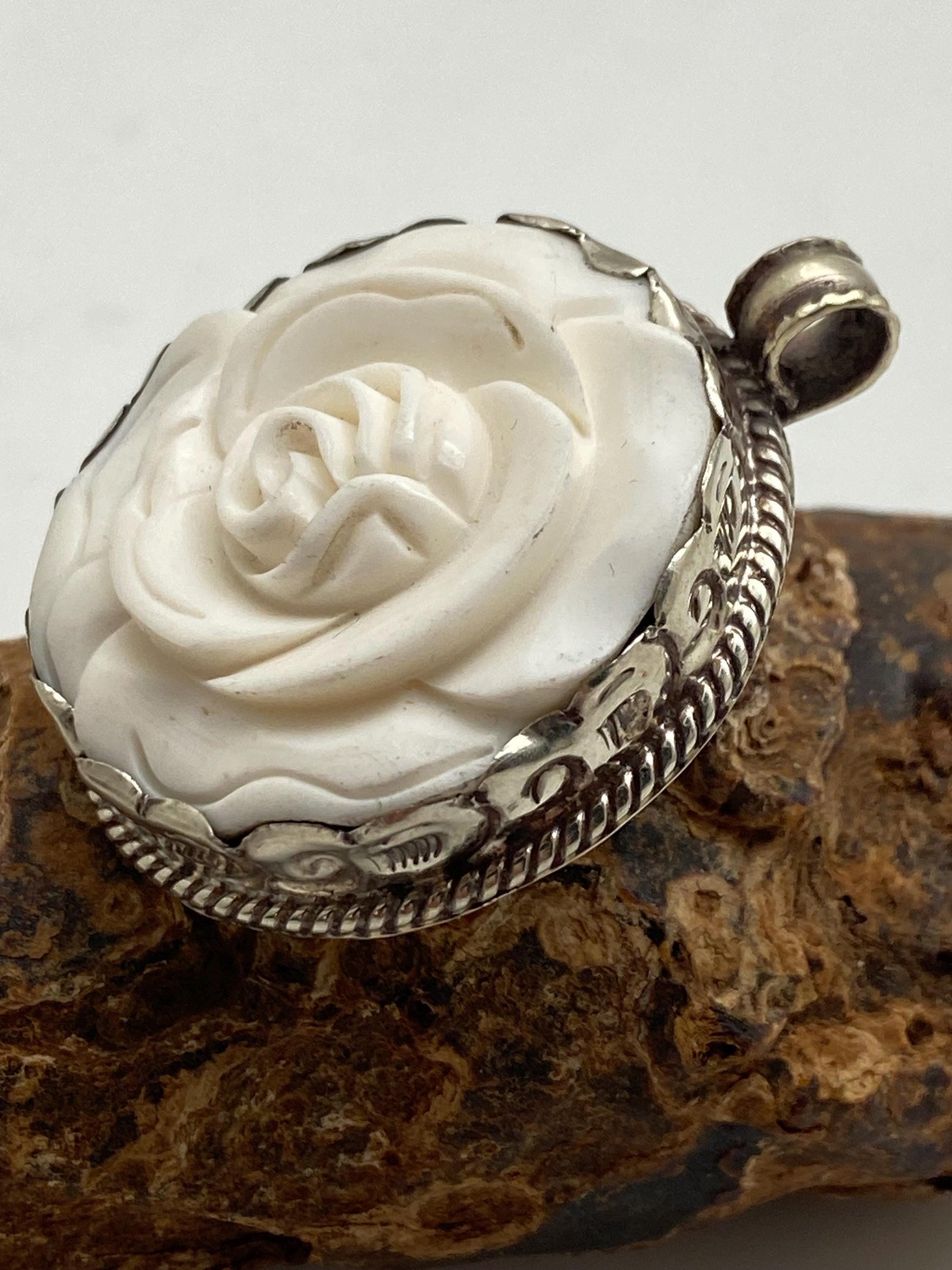 Rose pendant, bone carved rose, flower, handcrafted, Tibetan silver, Himalayan, Nepalese