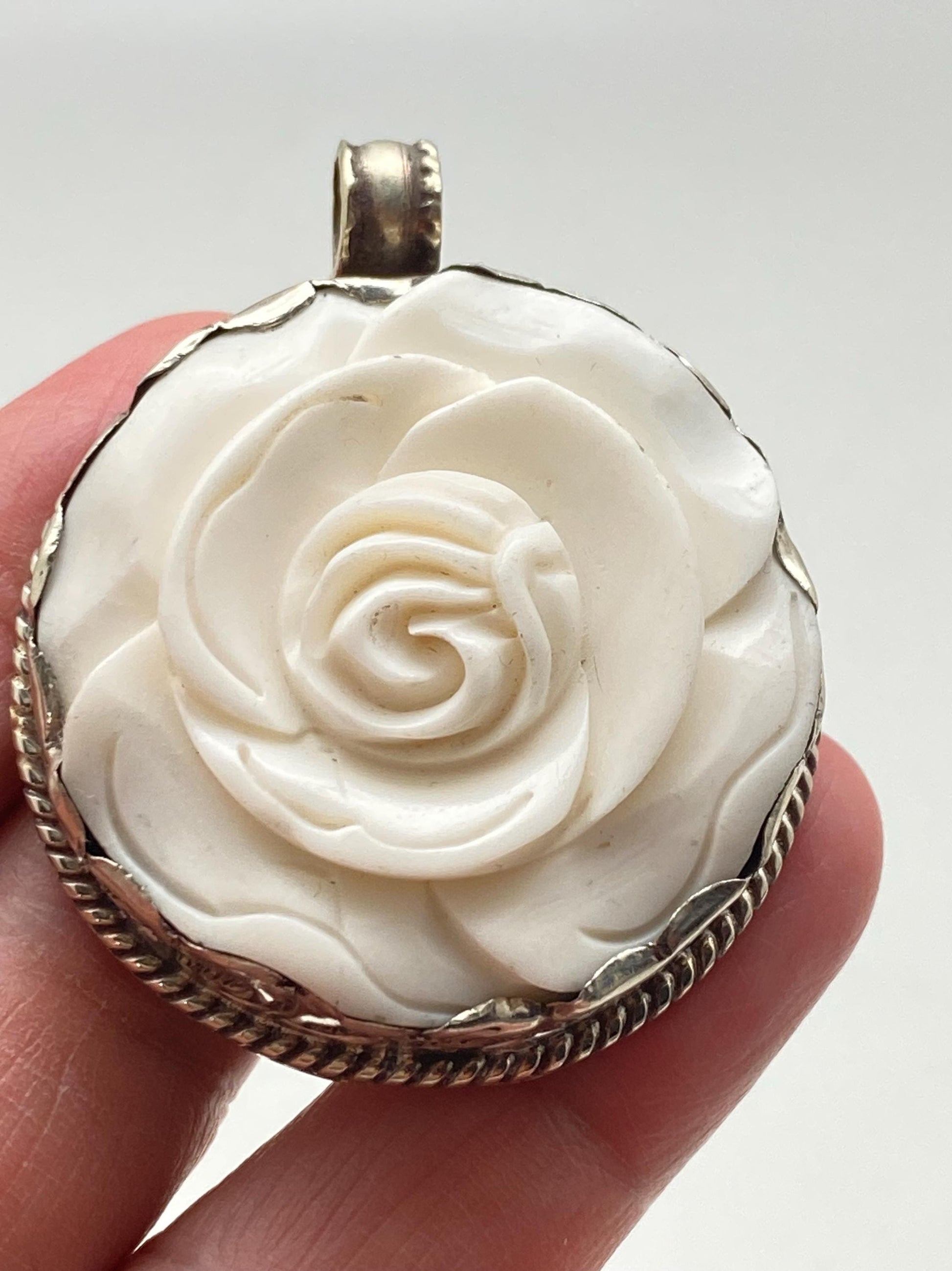 Rose pendant, bone carved rose, flower, handcrafted, Tibetan silver, Himalayan, Nepalese
