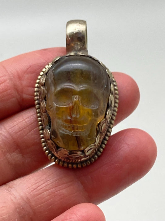 fluorite skull pendant, handcrafted,Tibetan silver,Nepalese