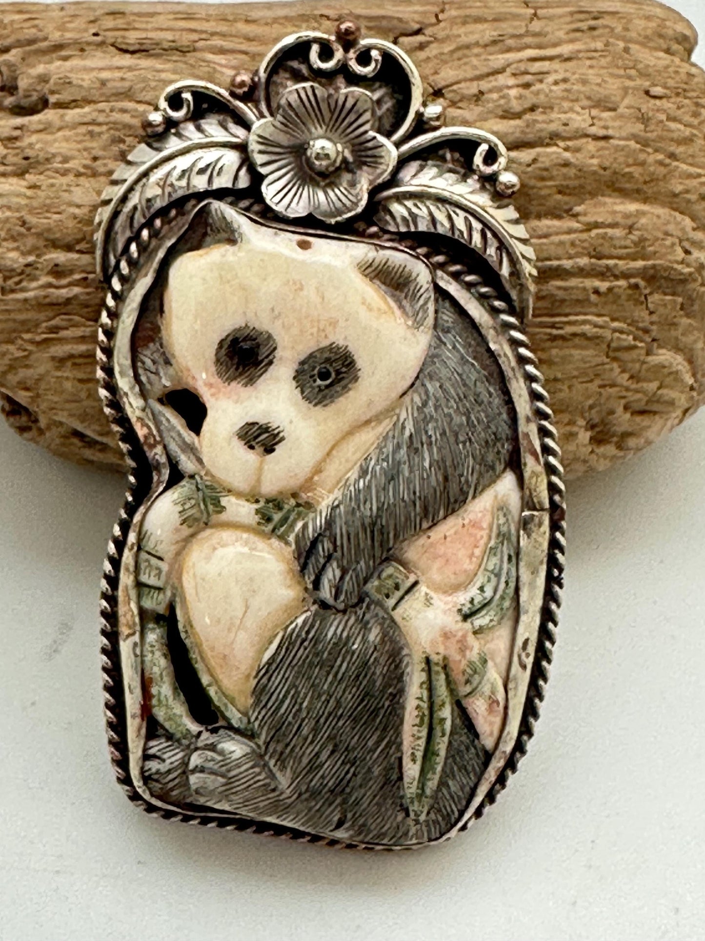 Bone carved panda pendant, handcrafted,tibetan silver,floral silver, animal lover,Himalayan ,Nepalese