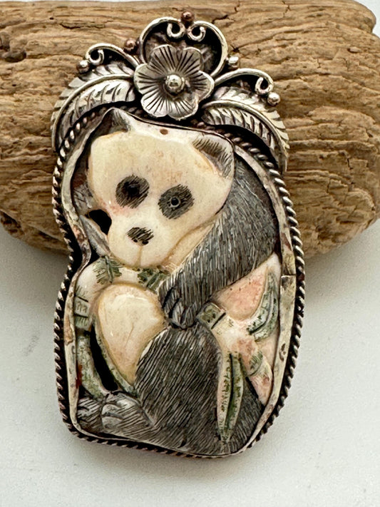Bone carved panda pendant, handcrafted,tibetan silver,floral silver, animal lover,Himalayan ,Nepalese