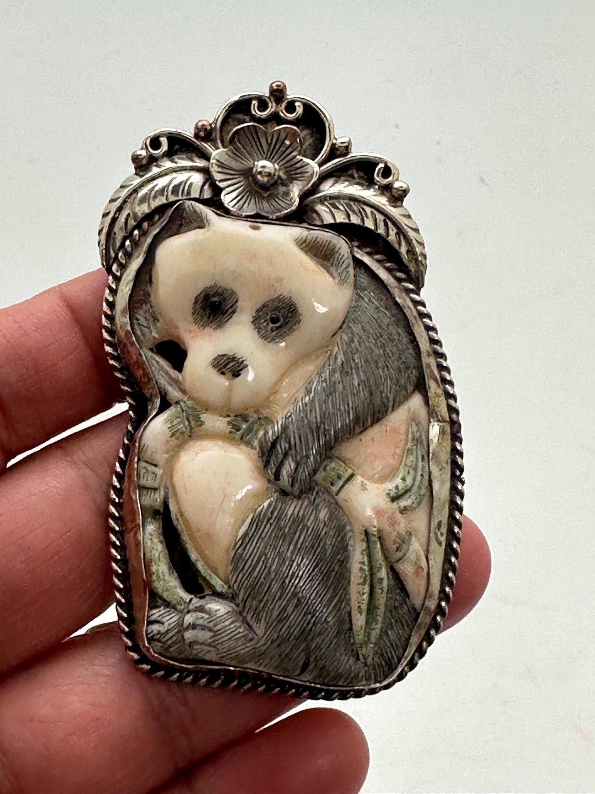 Bone carved panda pendant, handcrafted,tibetan silver,floral silver, animal lover,Himalayan ,Nepalese