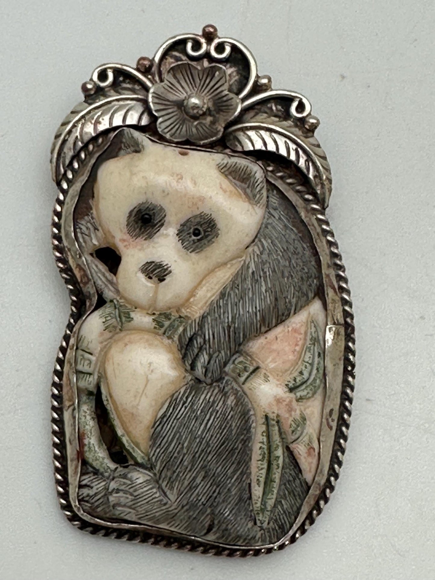 Bone carved panda pendant, handcrafted,tibetan silver,floral silver, animal lover,Himalayan ,Nepalese