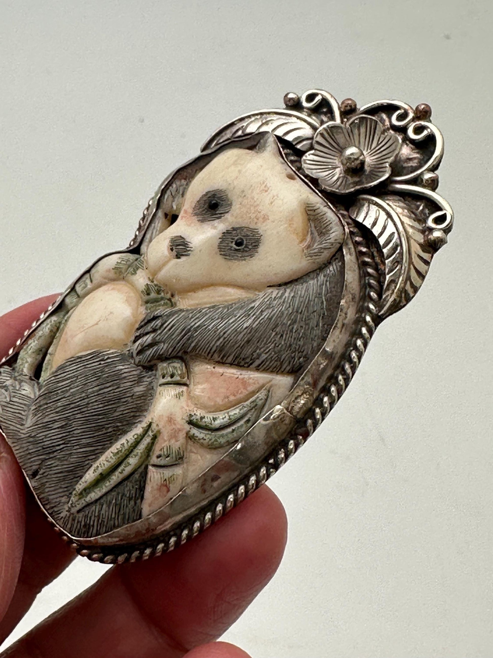 Bone carved panda pendant, handcrafted,tibetan silver,floral silver, animal lover,Himalayan ,Nepalese