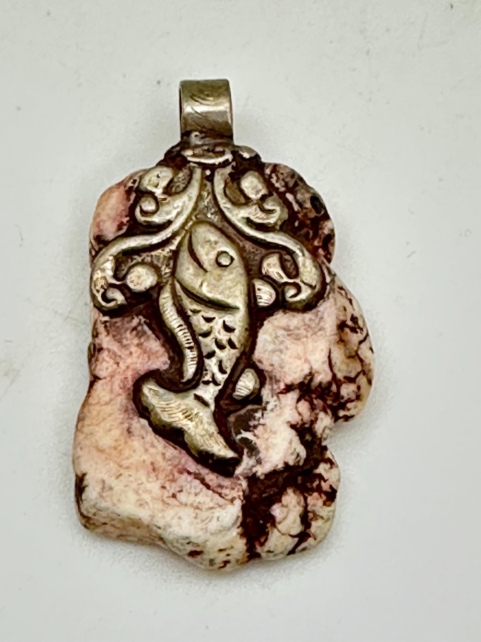 Howlite Turquoise pendant,white howlite turquoise,handcrafted, Tibetan silver,Fish pendant, monkey pendant,Himalayan,Nepalese