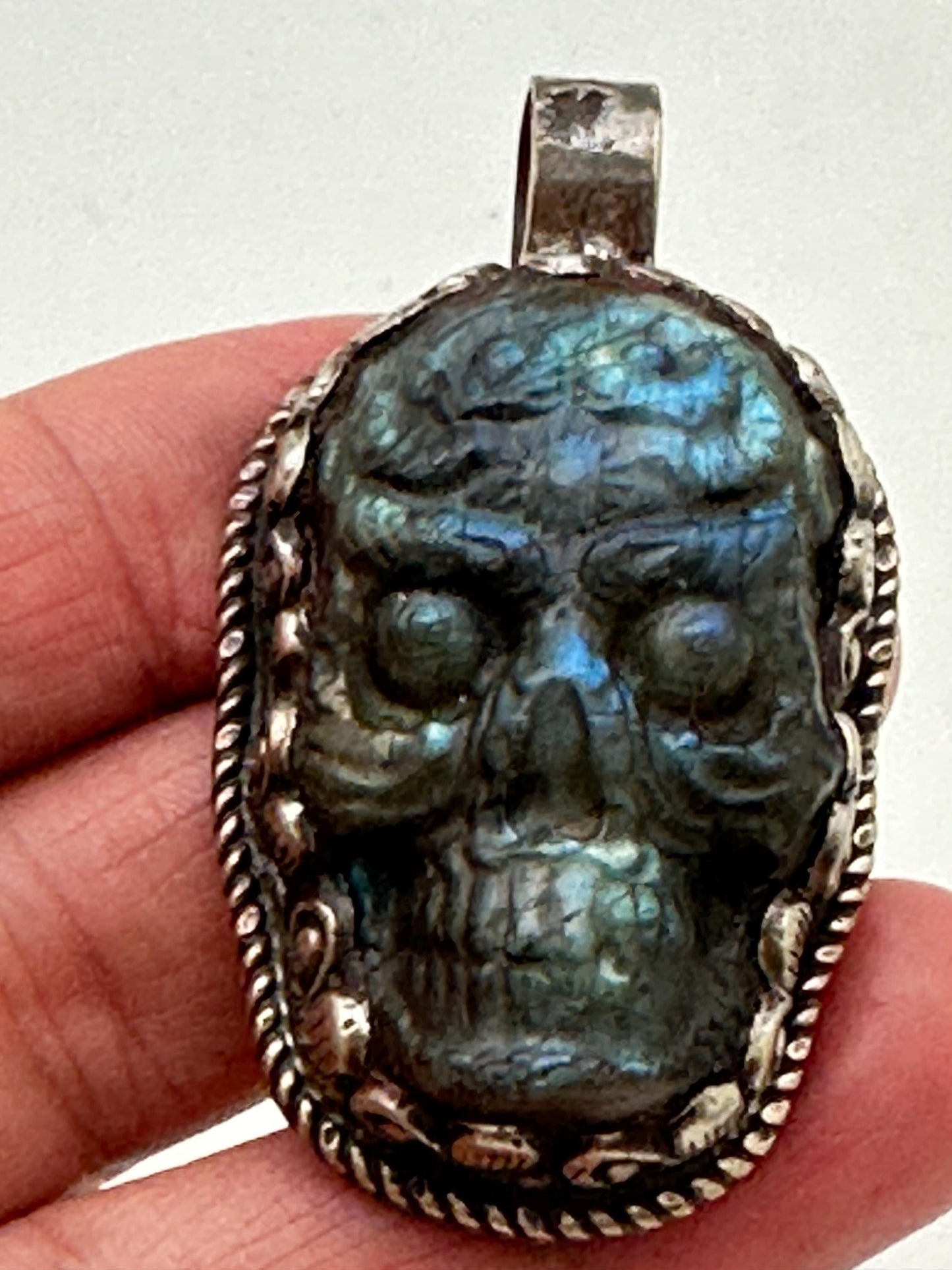 Labradorite carved skull pendant, handcrafted, Tibetan silver, ethnic style,Himalayan, Nepalese