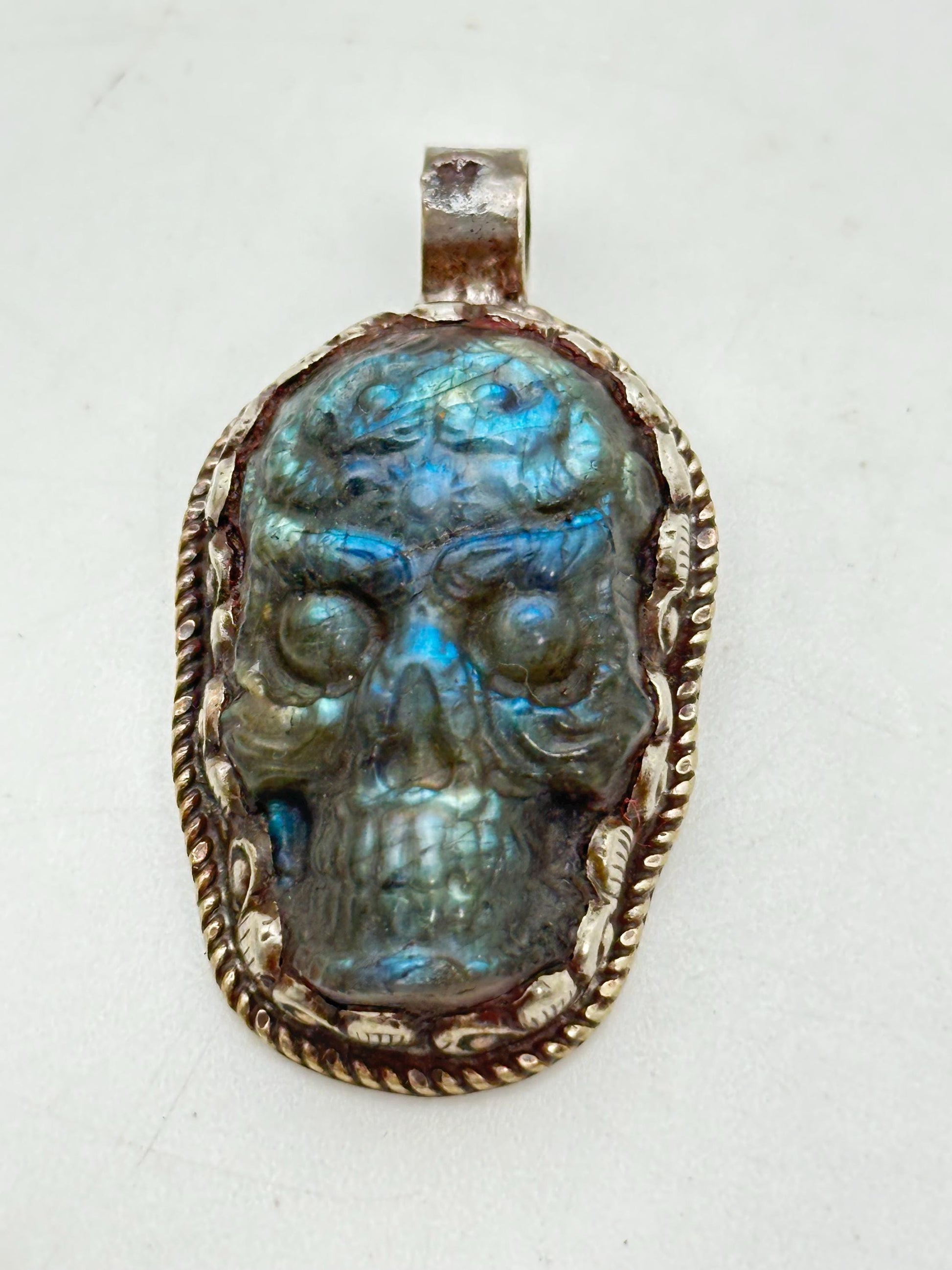 Labradorite carved skull pendant, handcrafted, Tibetan silver, ethnic style,Himalayan, Nepalese