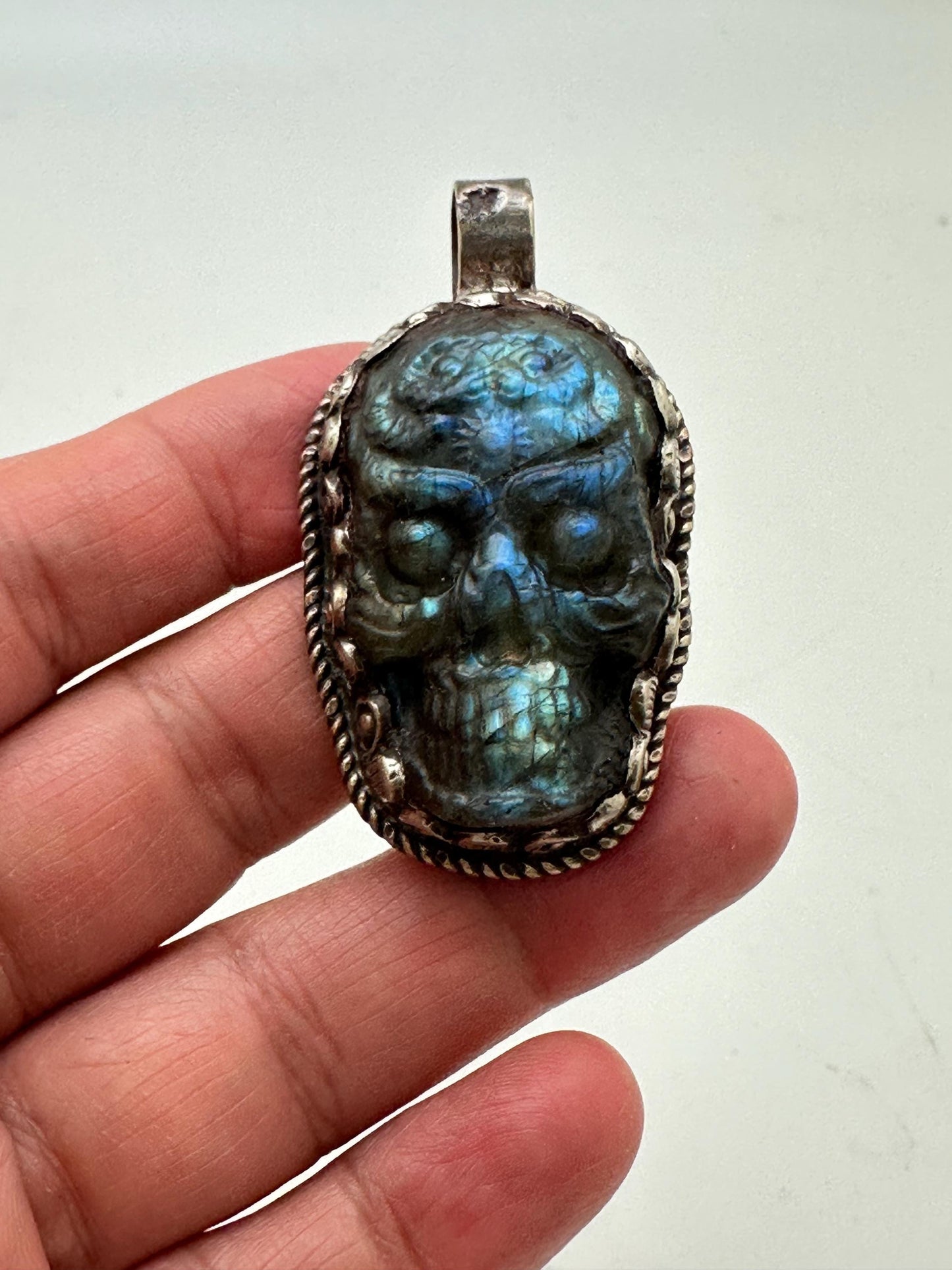 Labradorite carved skull pendant, handcrafted, Tibetan silver, ethnic style,Himalayan, Nepalese