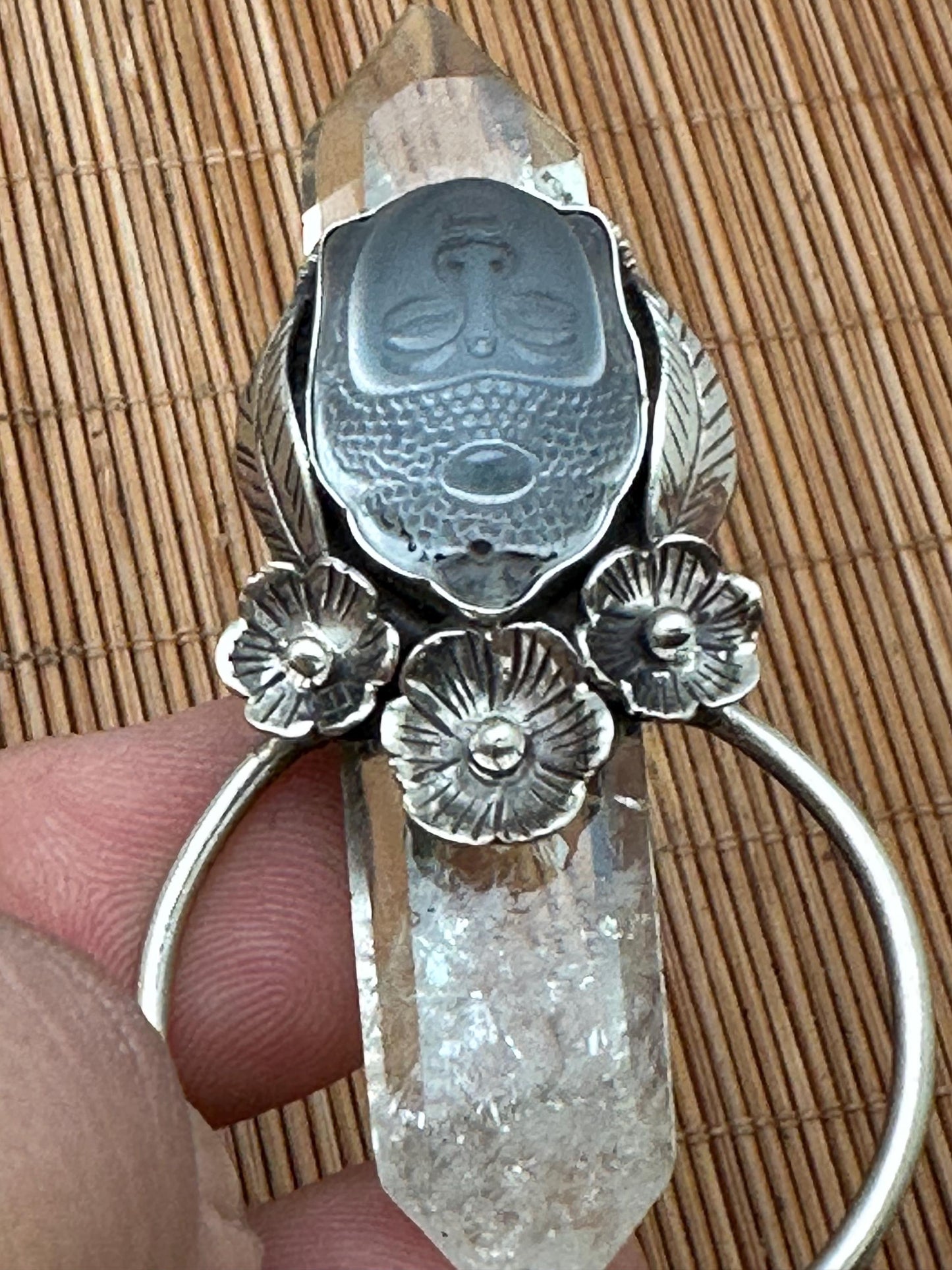 Citrine double pointed pendant, Quartz Buddha Pendant, Handcrafted, Tibetan Silver, Floral Design