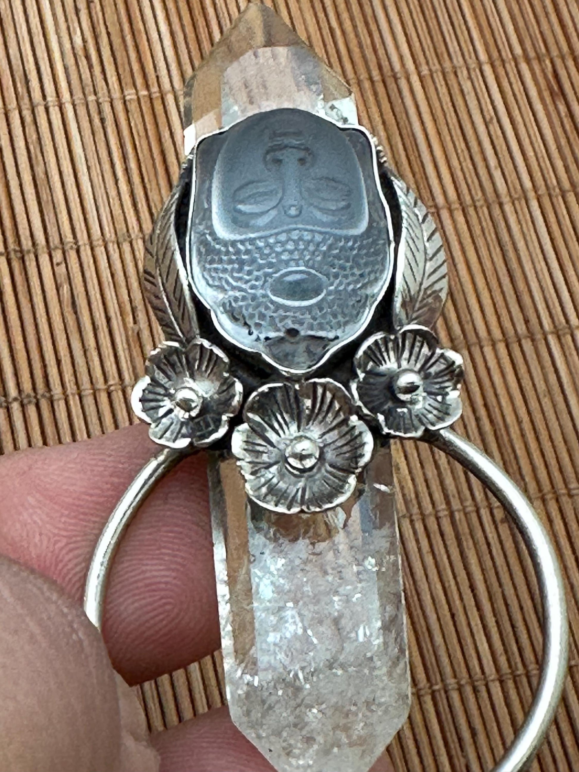 Citrine double pointed pendant, Quartz Buddha Pendant, Handcrafted, Tibetan Silver, Floral Design