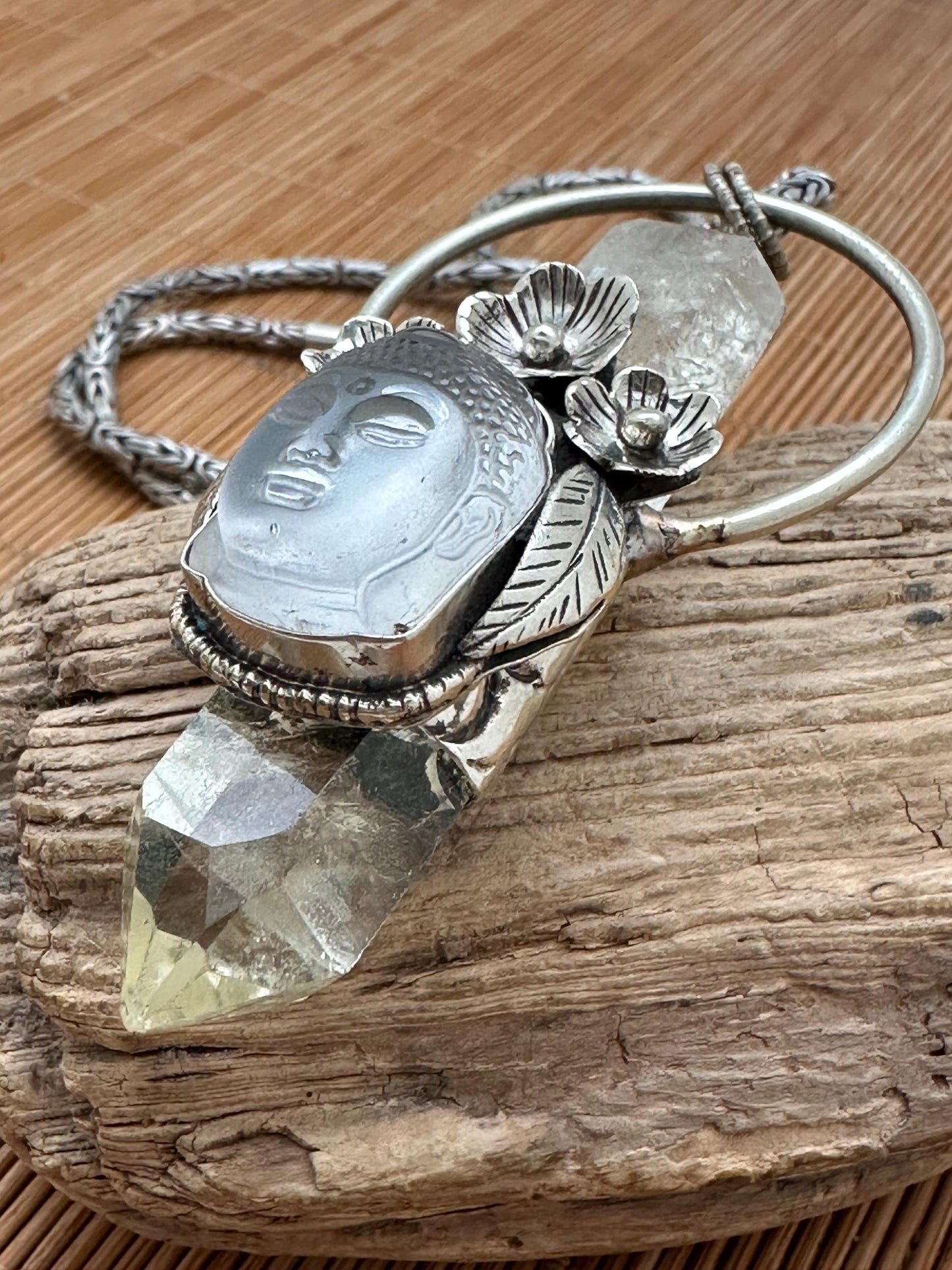 Citrine double pointed pendant, Quartz Buddha Pendant, Handcrafted, Tibetan Silver, Floral Design