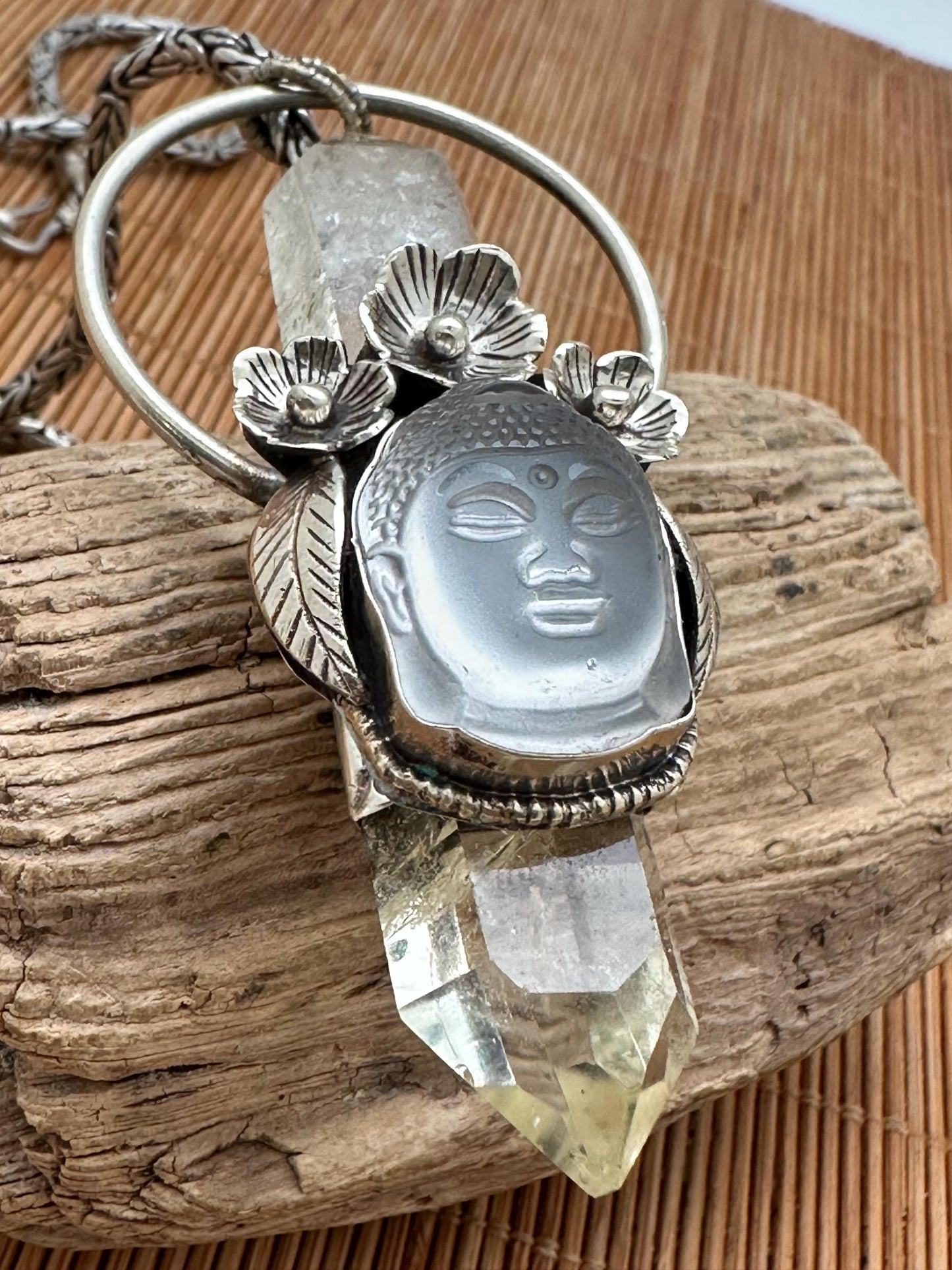 Citrine double pointed pendant, Quartz Buddha Pendant, Handcrafted, Tibetan Silver, Floral Design