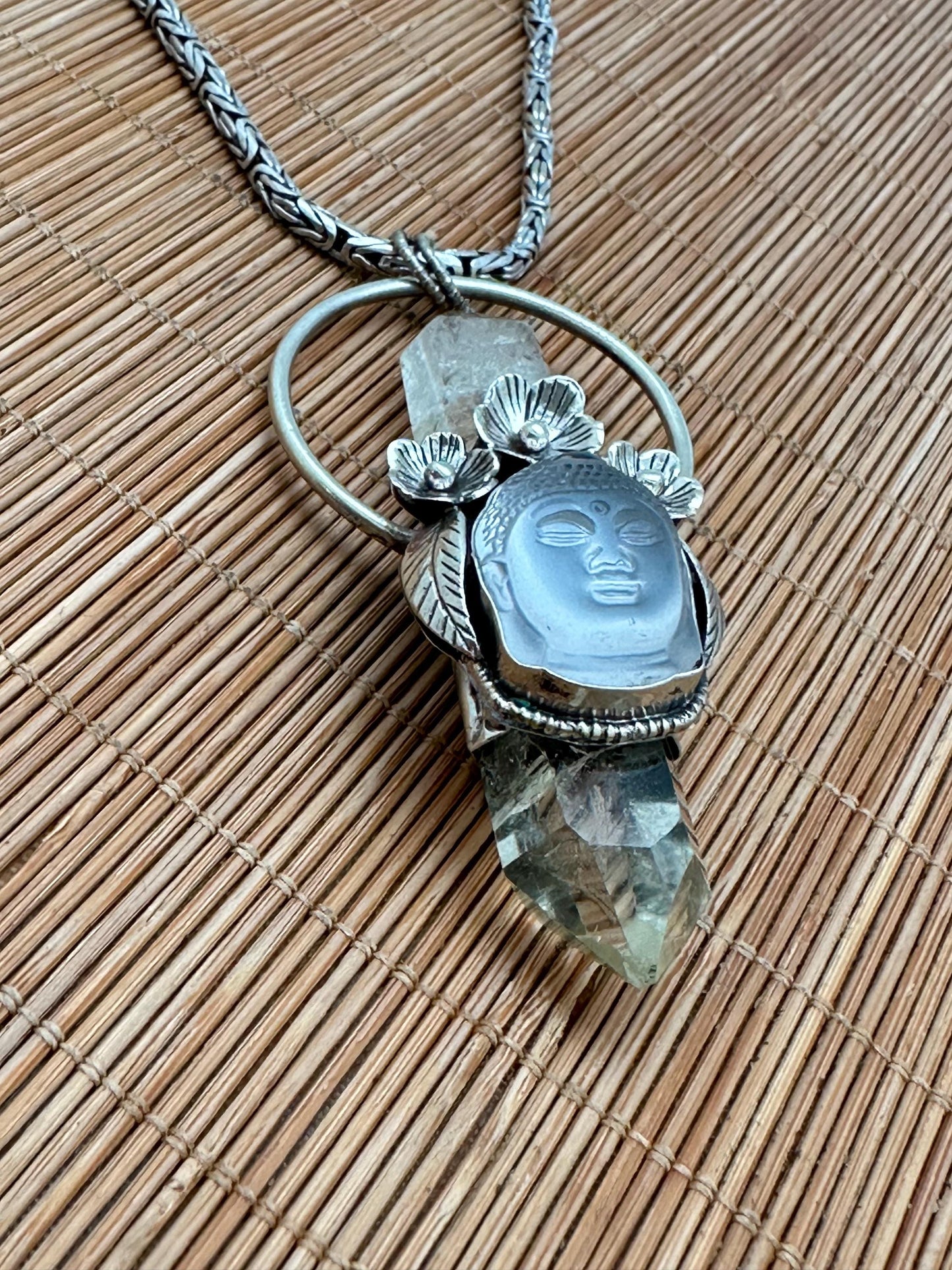 Citrine double pointed pendant, Quartz Buddha Pendant, Handcrafted, Tibetan Silver, Floral Design