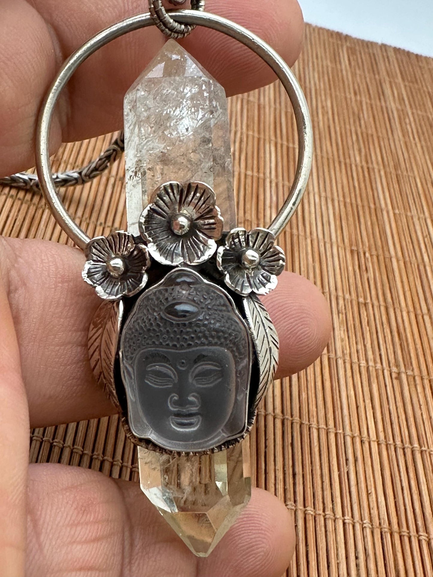 Citrine double pointed pendant, Quartz Buddha Pendant, Handcrafted, Tibetan Silver, Floral Design