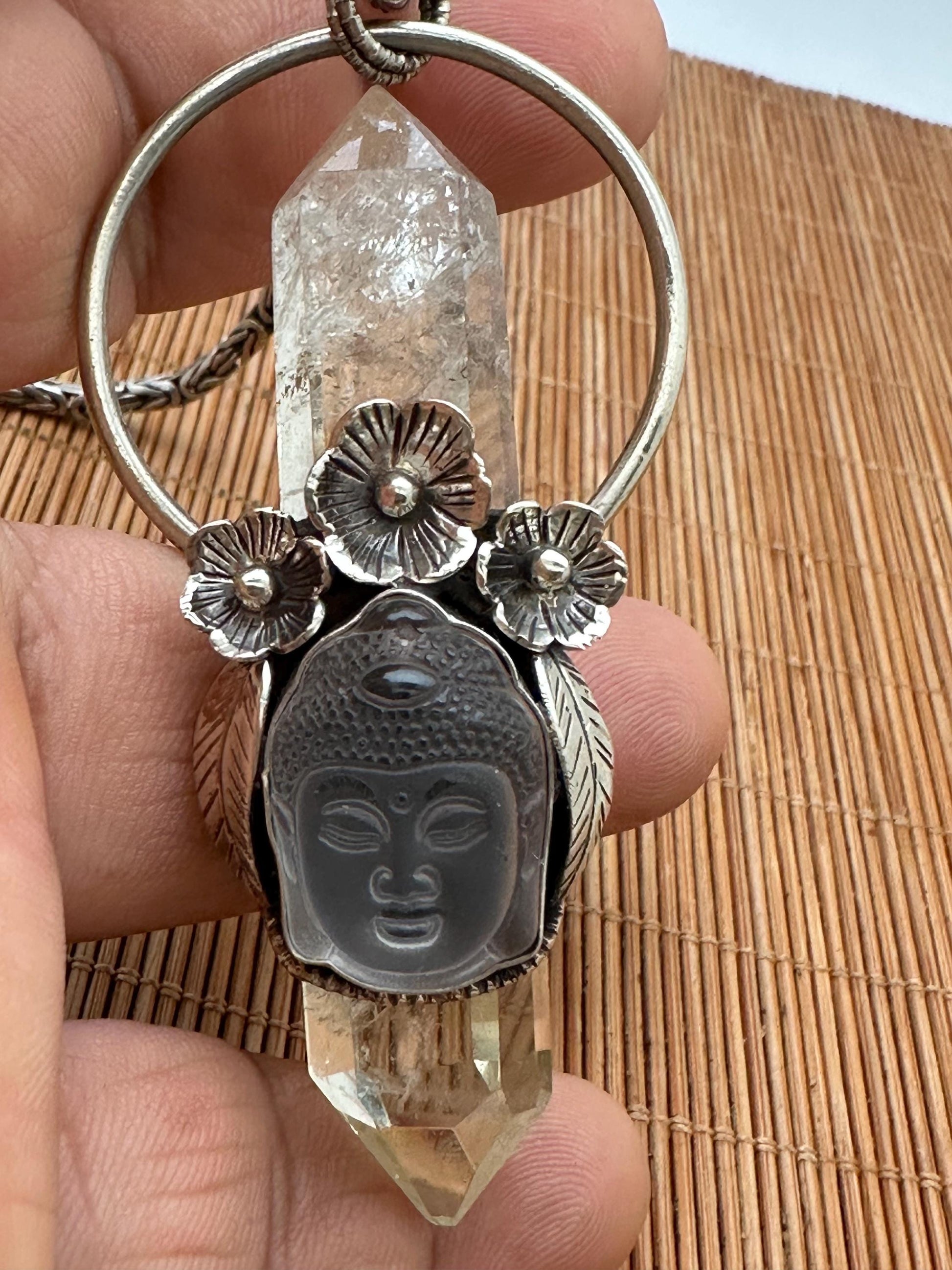 Citrine double pointed pendant, Quartz Buddha Pendant, Handcrafted, Tibetan Silver, Floral Design