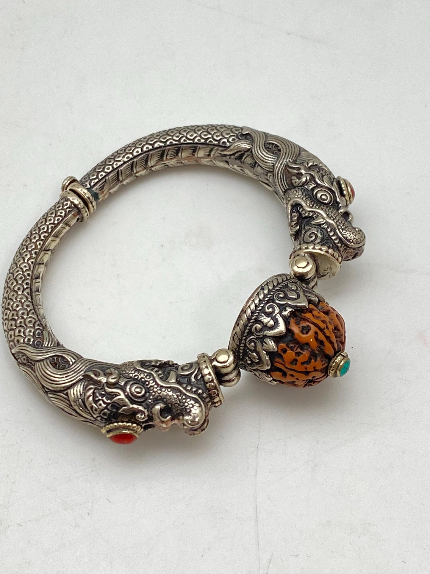 Handcrafted Tibetan Silver Dragon Bangle, Rudraksha, Turquoise, Coral Ethnic Design